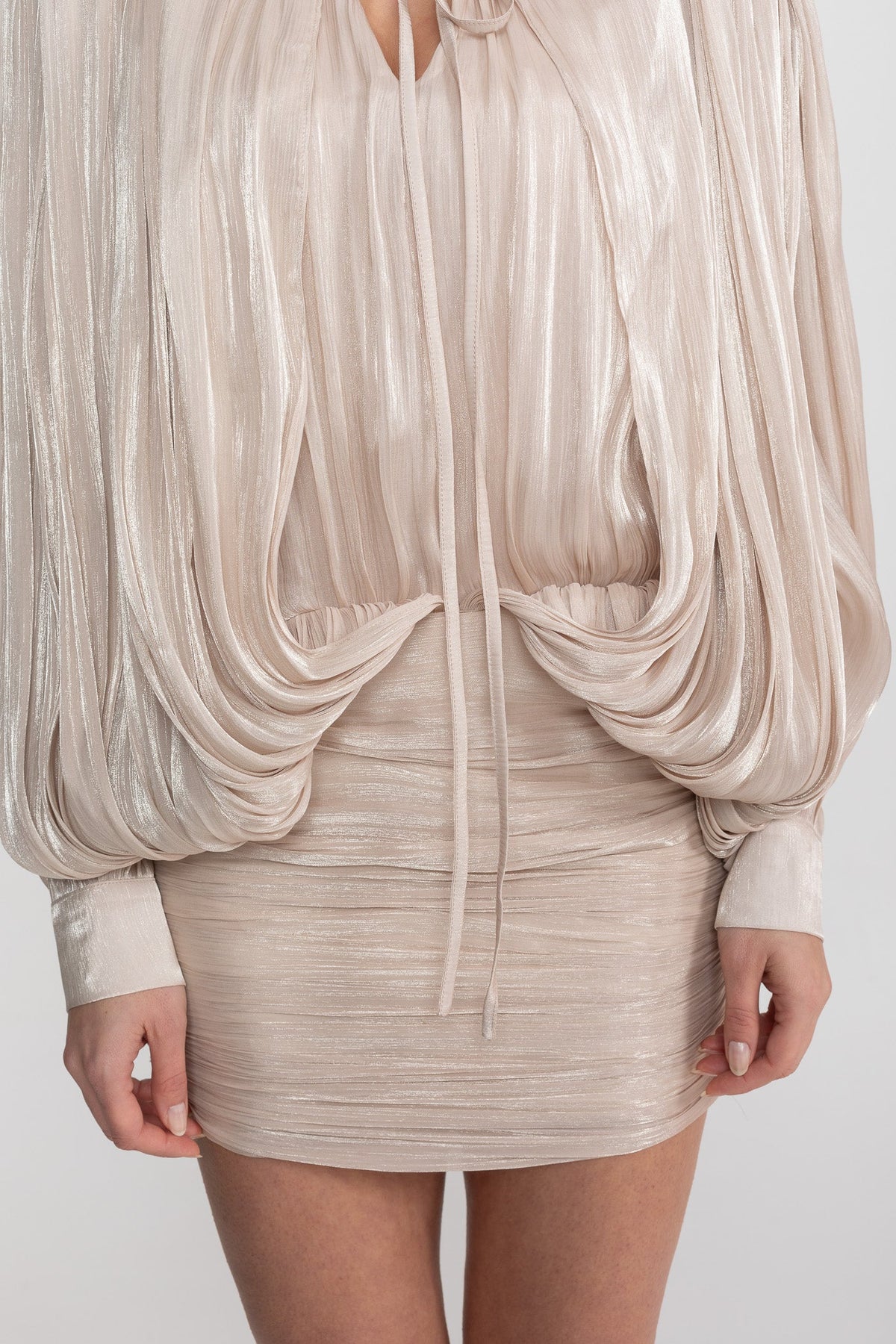 Draped Long Sleeve Mini Dress With Batwing Sleeves - Champagne