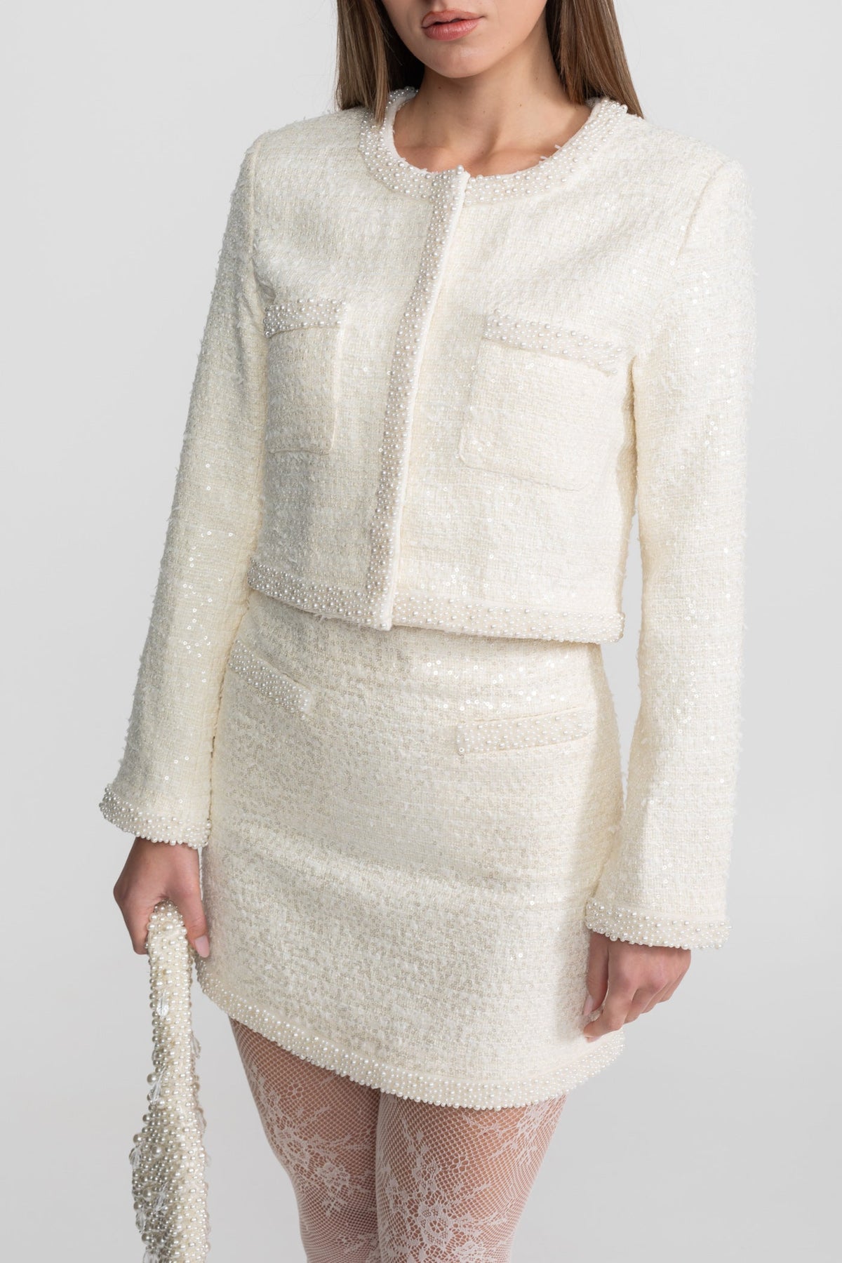 Tweed Blazer With Beaded Trim - Ivoire