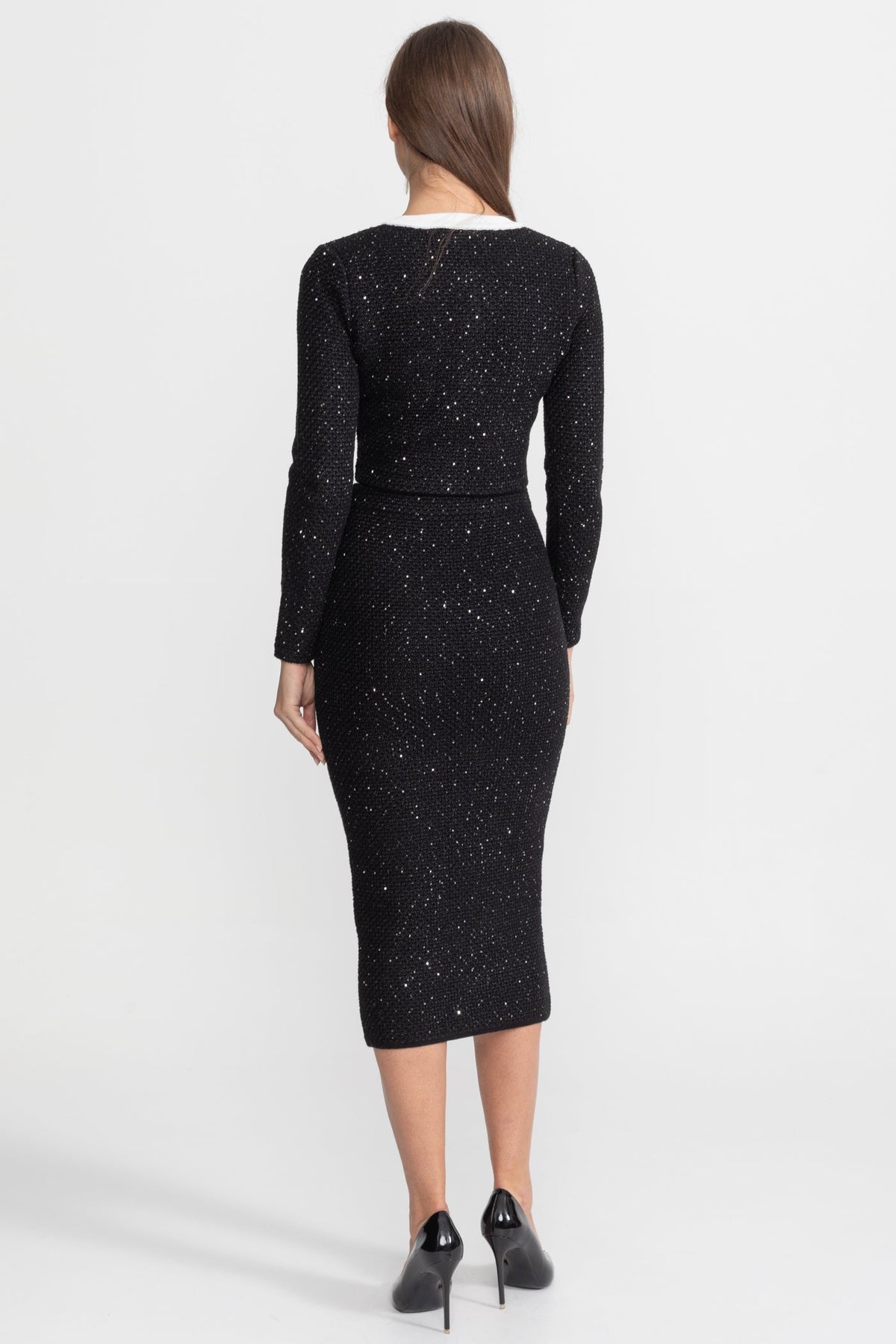 Embroidered Tweed Knit Co-Ord Set with Contrast Trim – Black