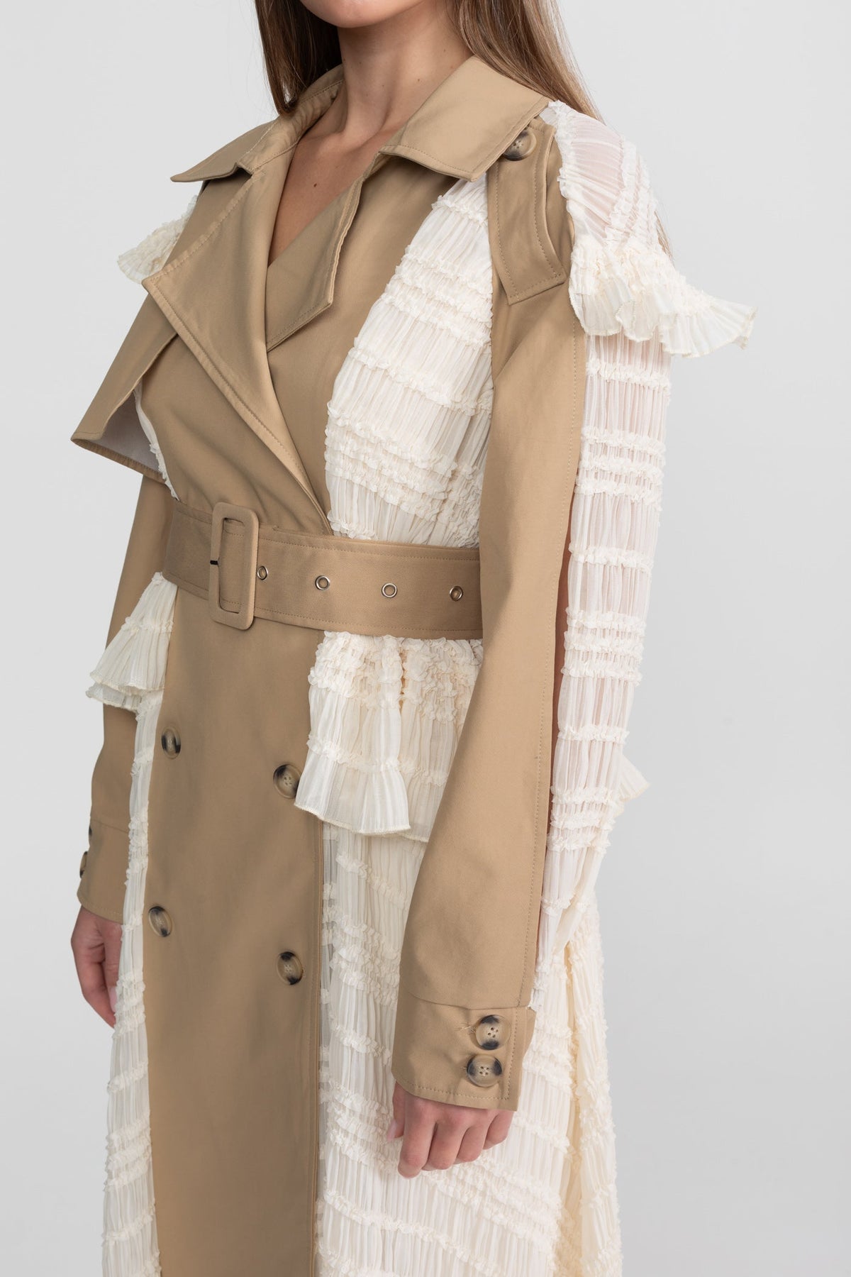 Longline Lace Panel Trench Coat With Belted Waist – Beige