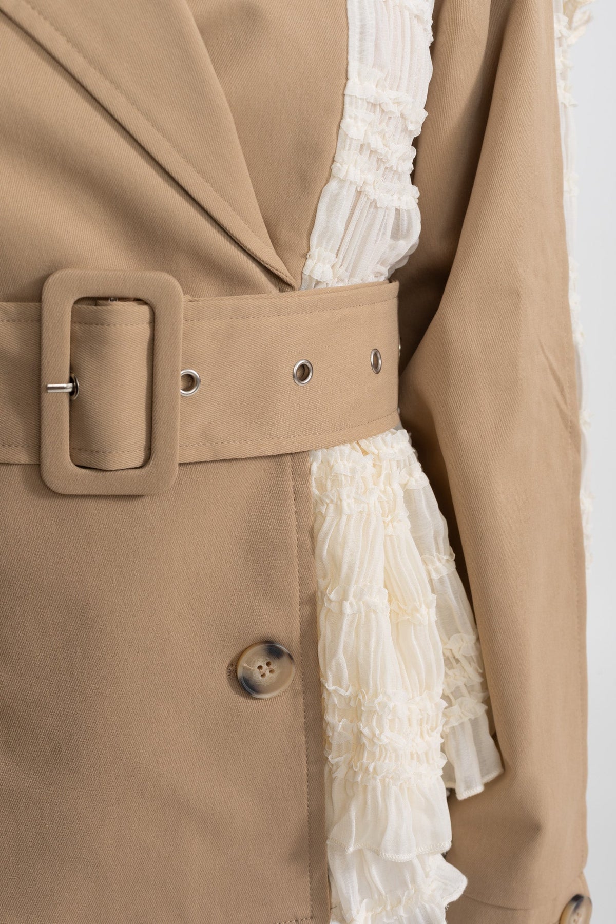 Lace Panel Trench Jacket With Belt – Beige