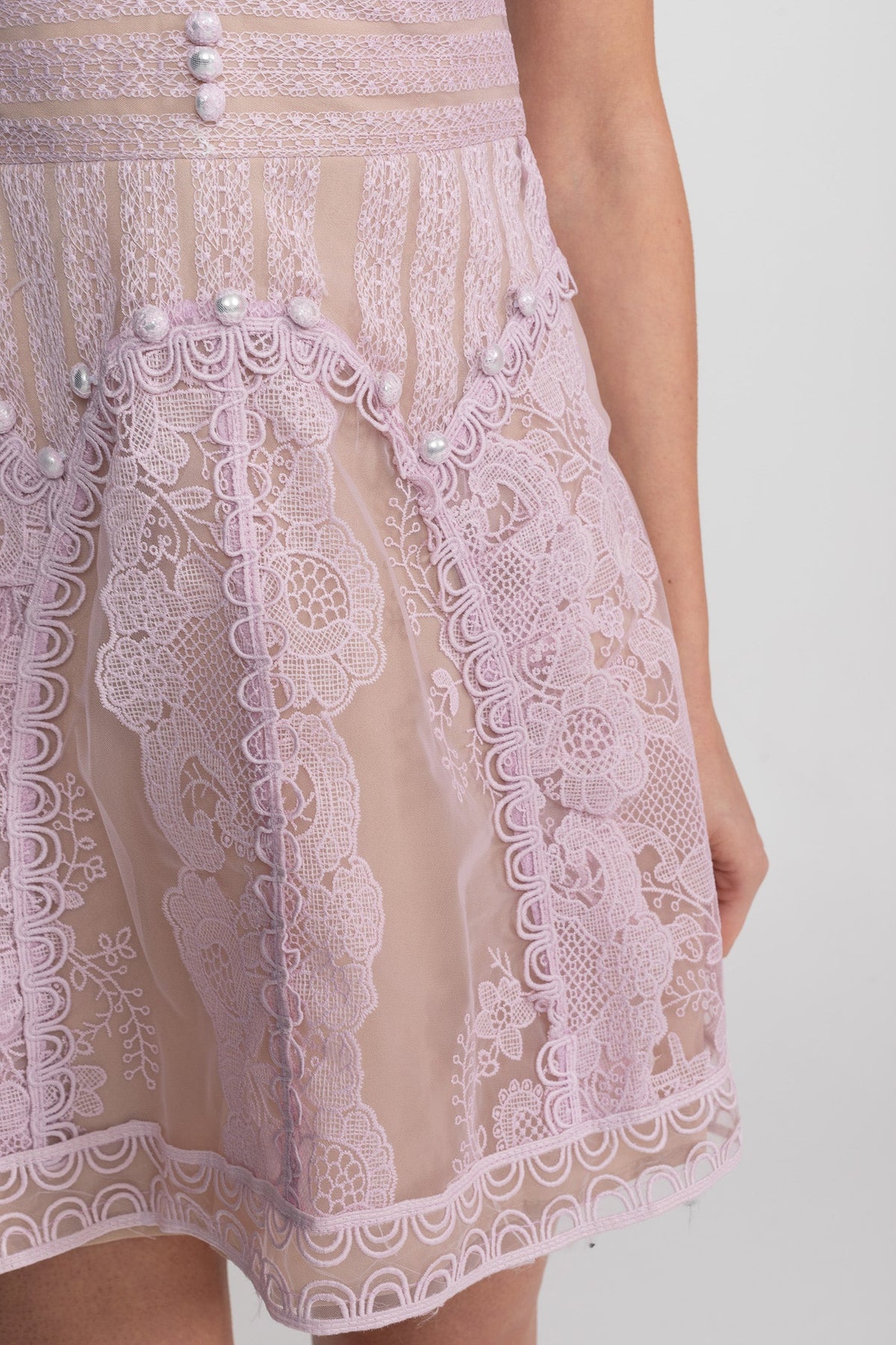 Cap Sleeve Mini Dress With Sheer Yoke And Pearl Button Detail - Lilac