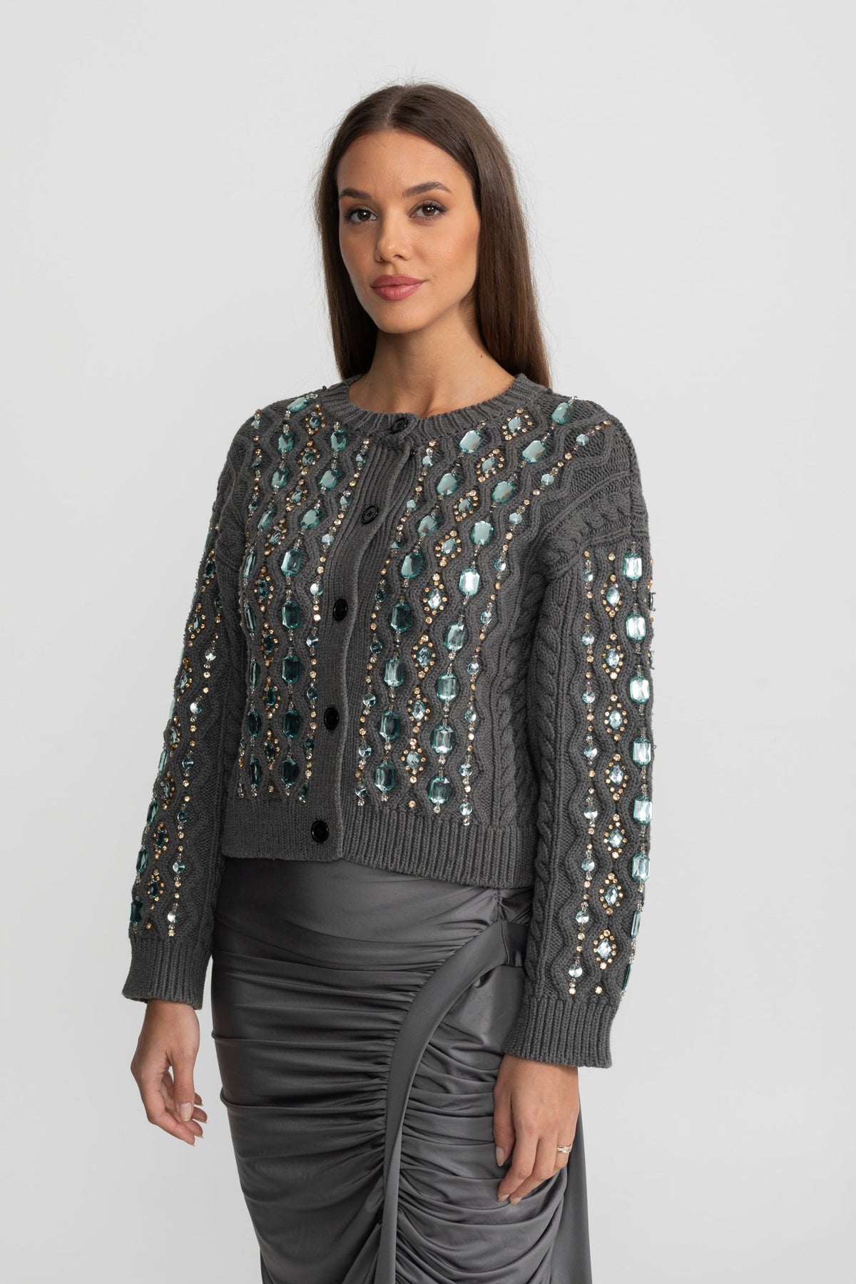 Embellished Cable Knit Cardigan With Gem Detailing – Charcoal Grey