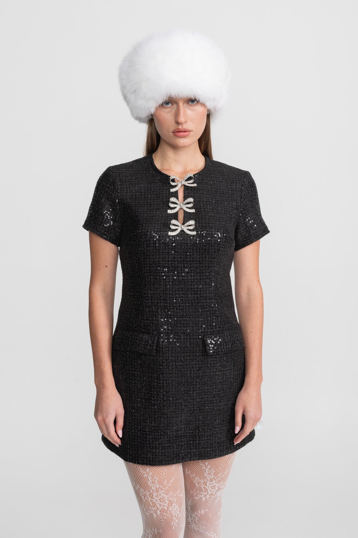 Sequin Mini Dress with Crystal Bow Accents - Black