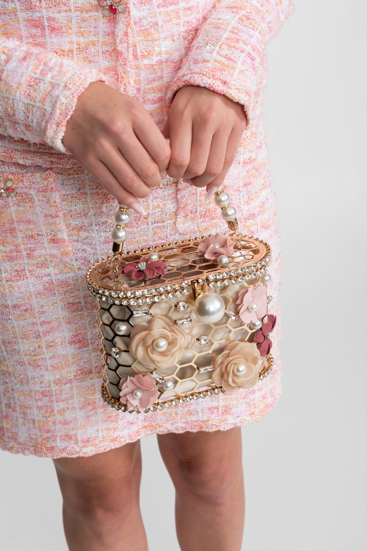 Embellished Floral Clutch With Pearl Handle – Gold