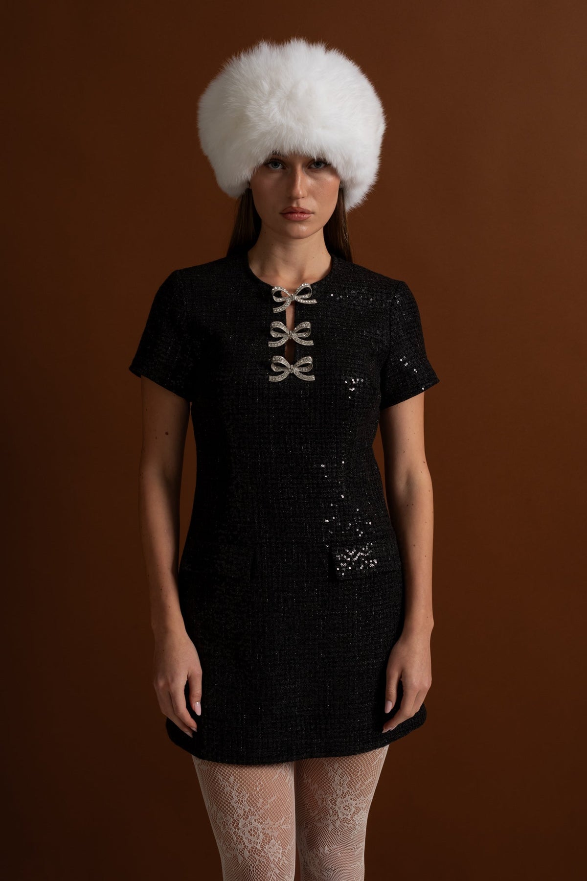 Sequin Mini Dress with Crystal Bow Accents - Black