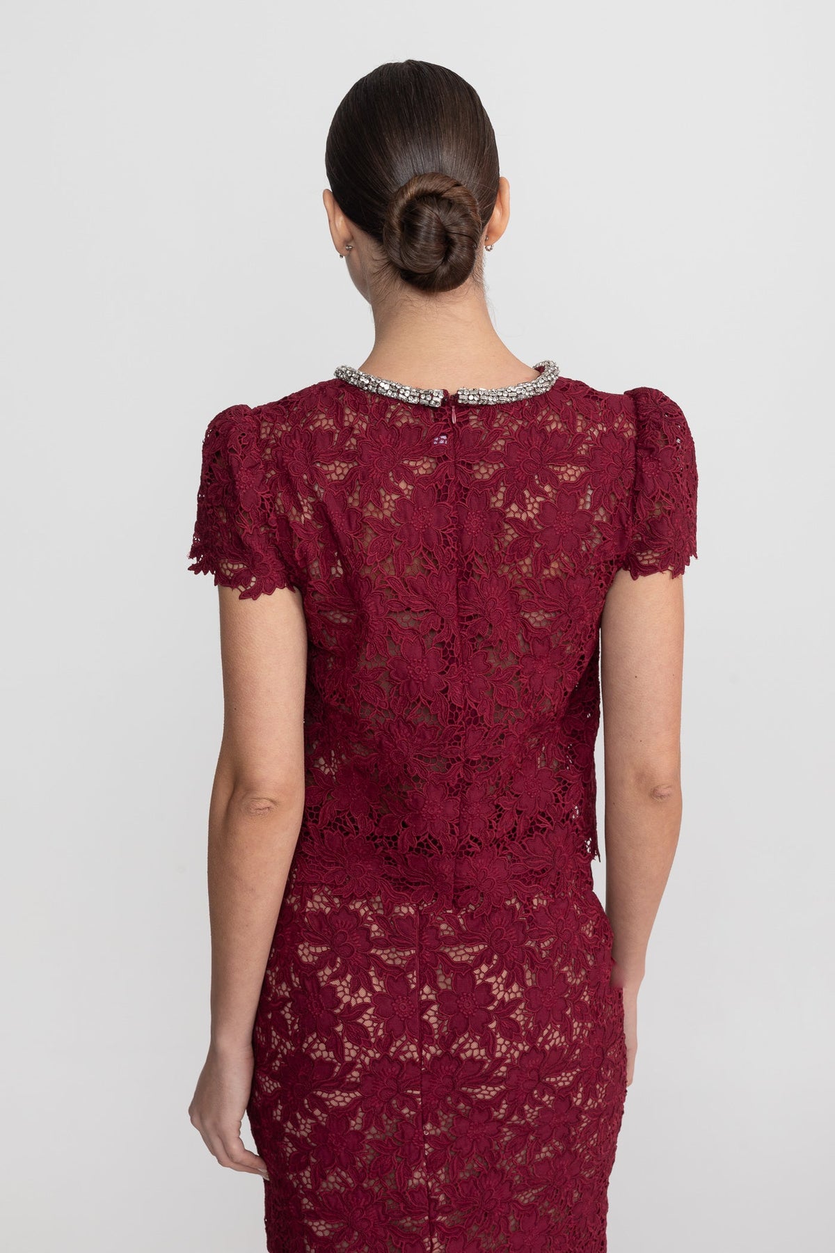 Lace Co-Ord Set With Short Sleeve Top And Crystal Embellished Neckline - Burgundy
