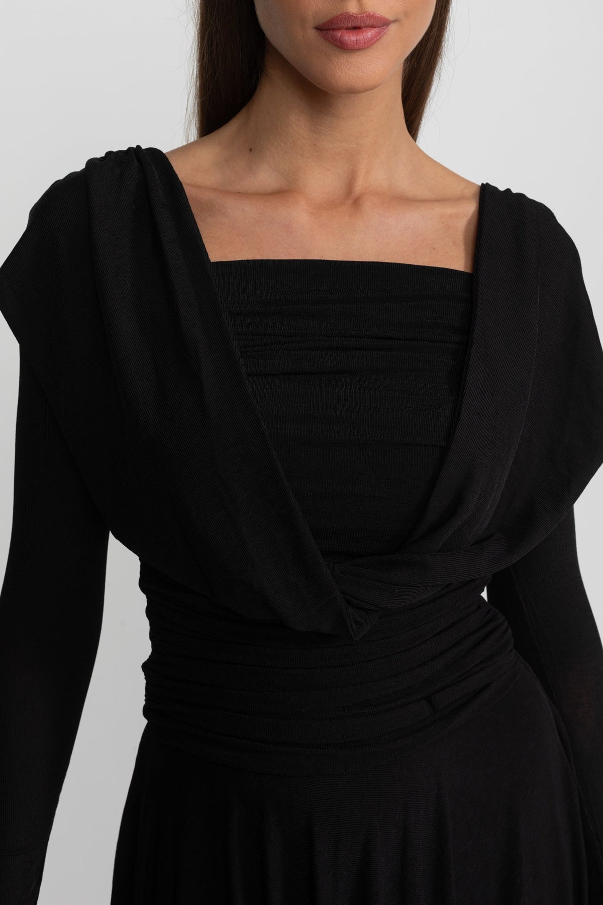 Draped Long-Sleeve Asymmetric Midi Dress – Black