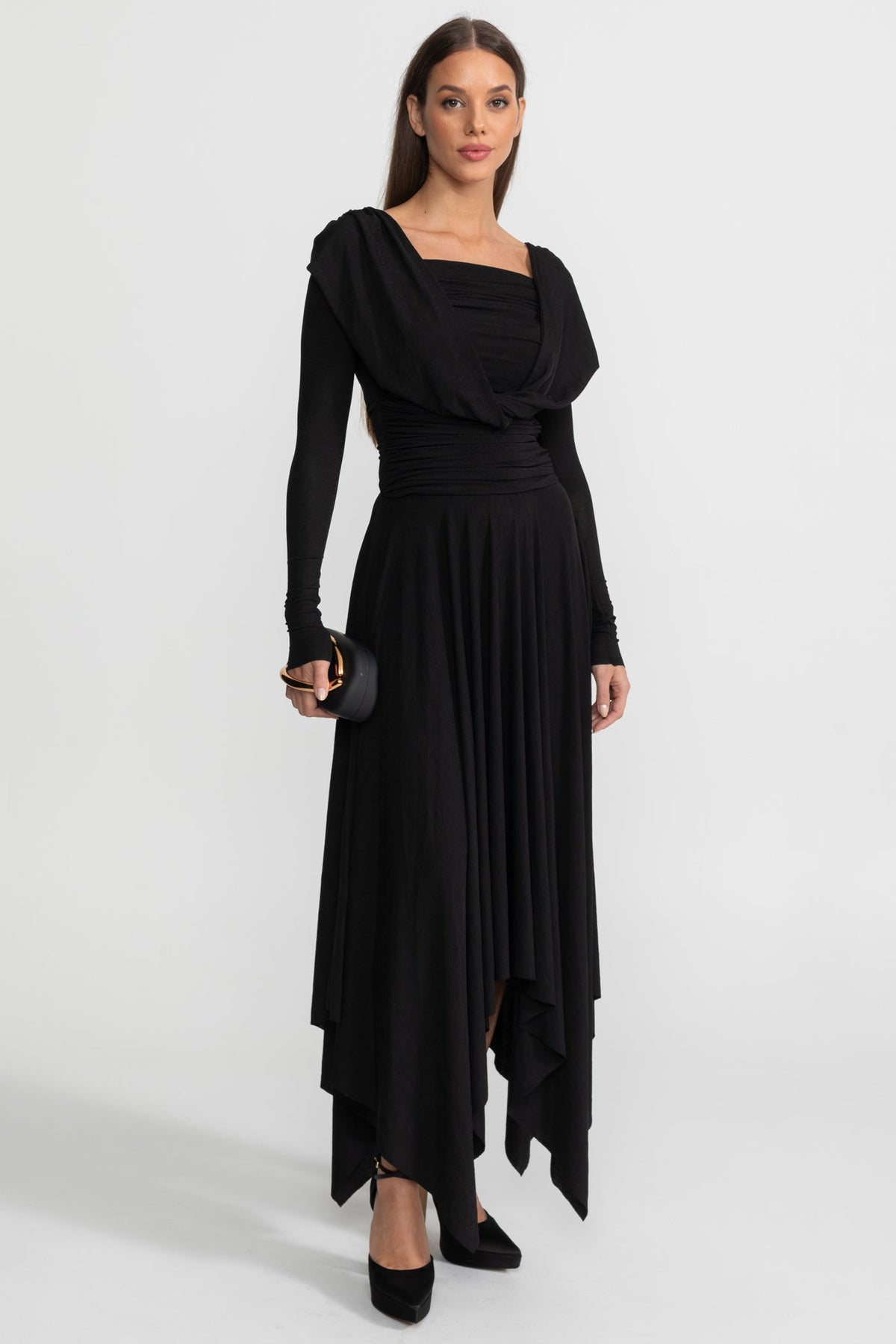 Draped Long-Sleeve Asymmetric Midi Dress – Black