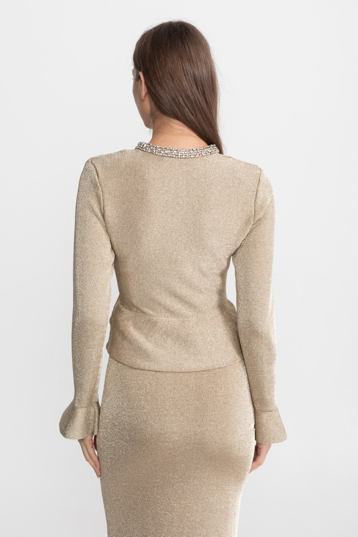 Shimmer Knit Dress with Crystal Button Accents – Champagne
