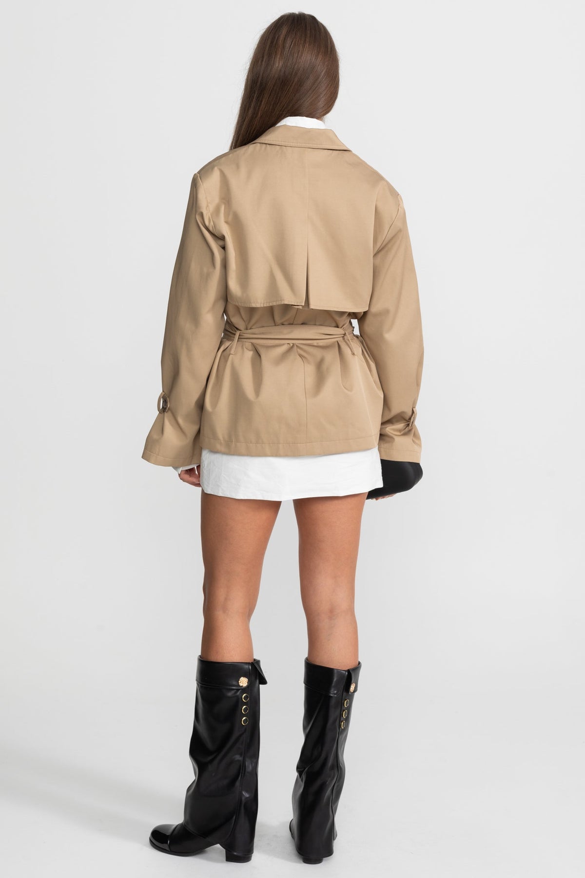 Cropped Double-Breasted Trench Jacket With Belted Waist – Camel
