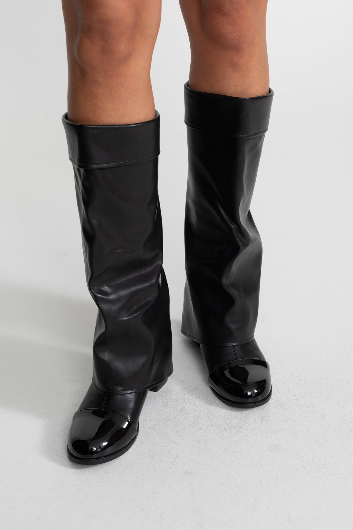 Folded Knee-High Boots With Patent Cap Toe – Black