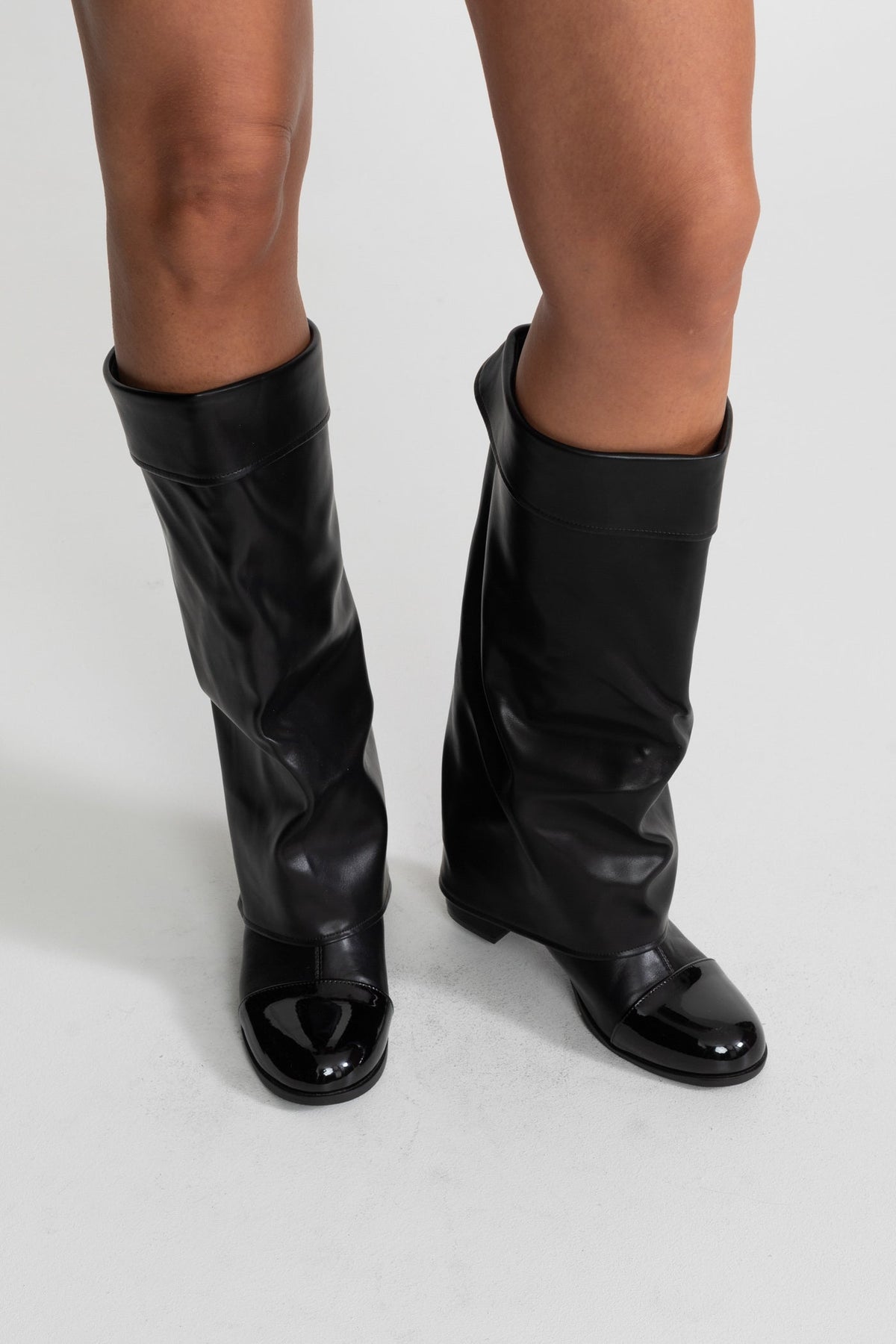 Folded Knee-High Boots With Patent Cap Toe – Black