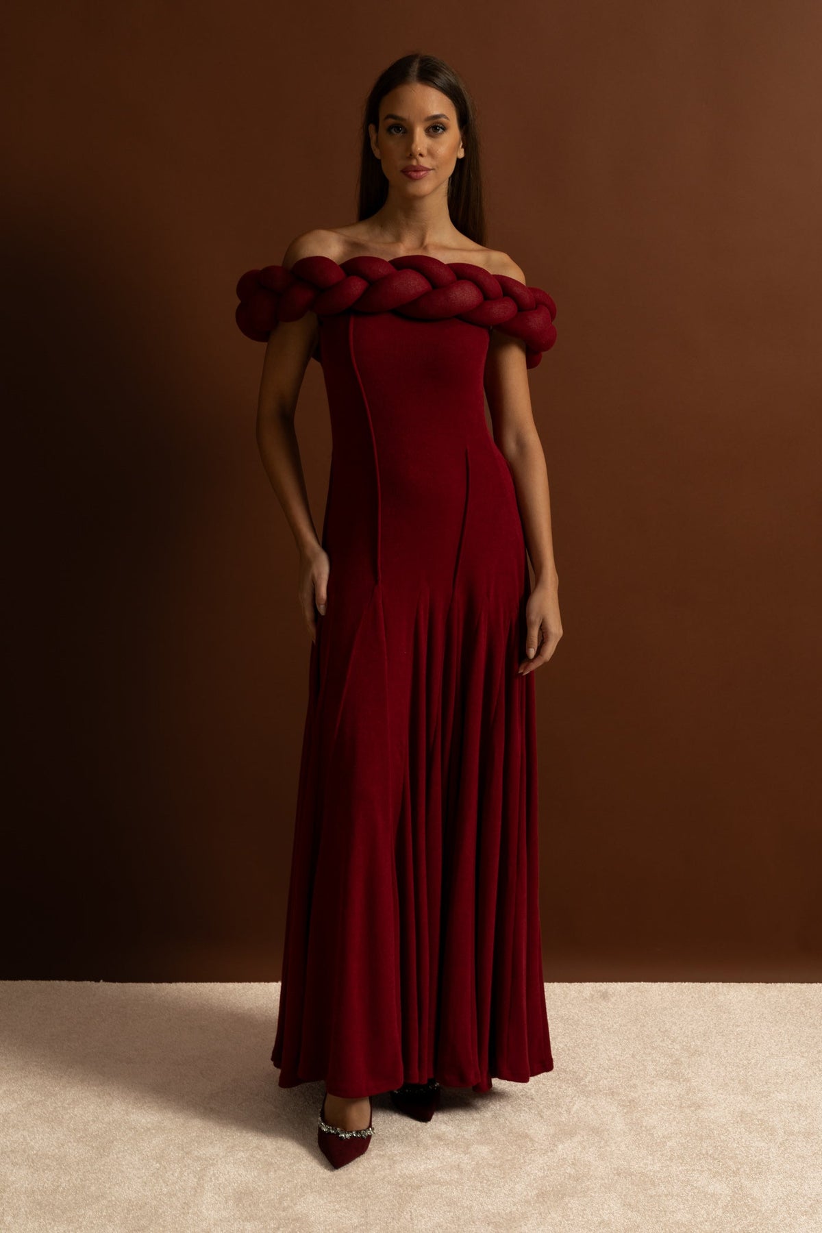 Off-Shoulder Braided Neckline Maxi Dress – Deep Red