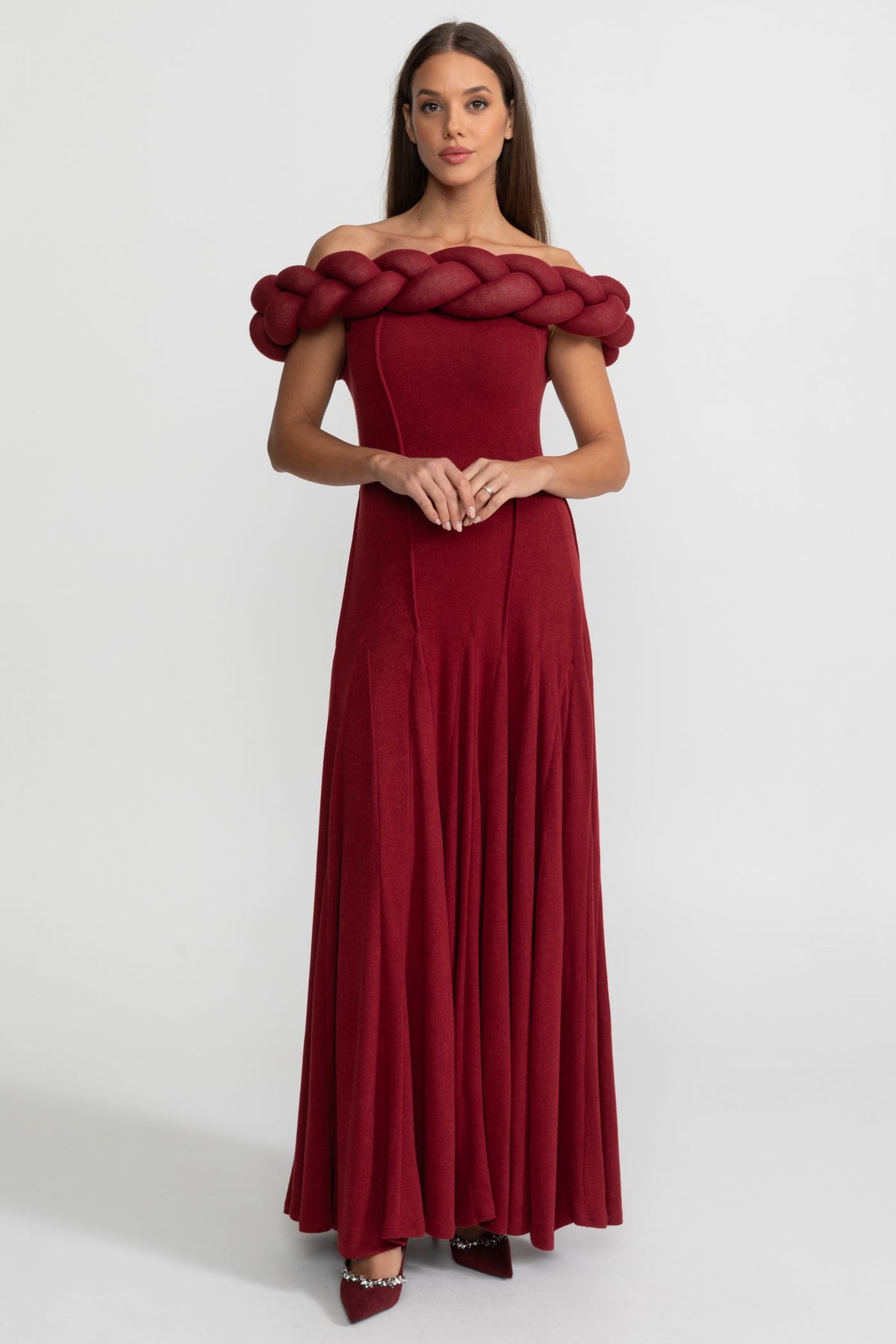 Off-Shoulder Braided Neckline Maxi Dress – Deep Red