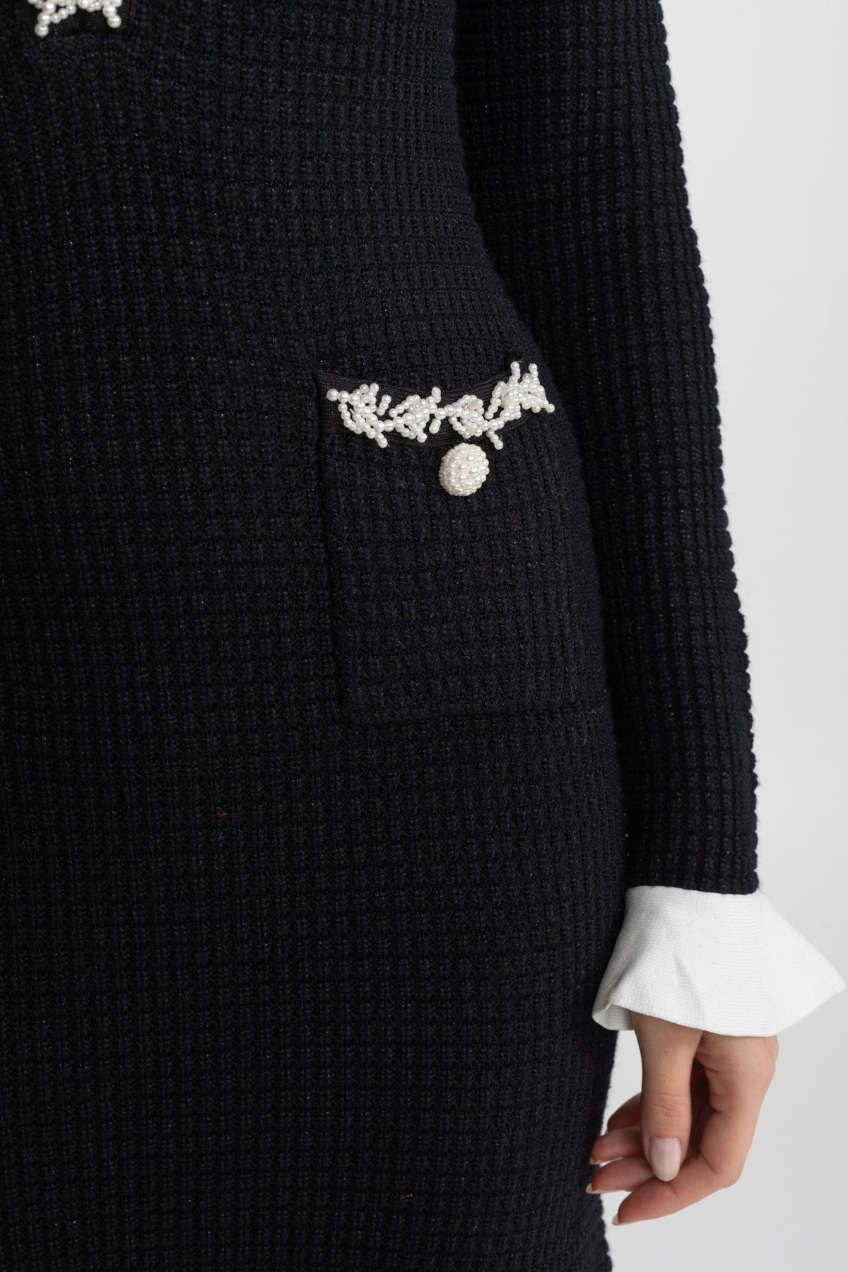 Textured Midi Dress with Contrast Embroidered Trim – Black
