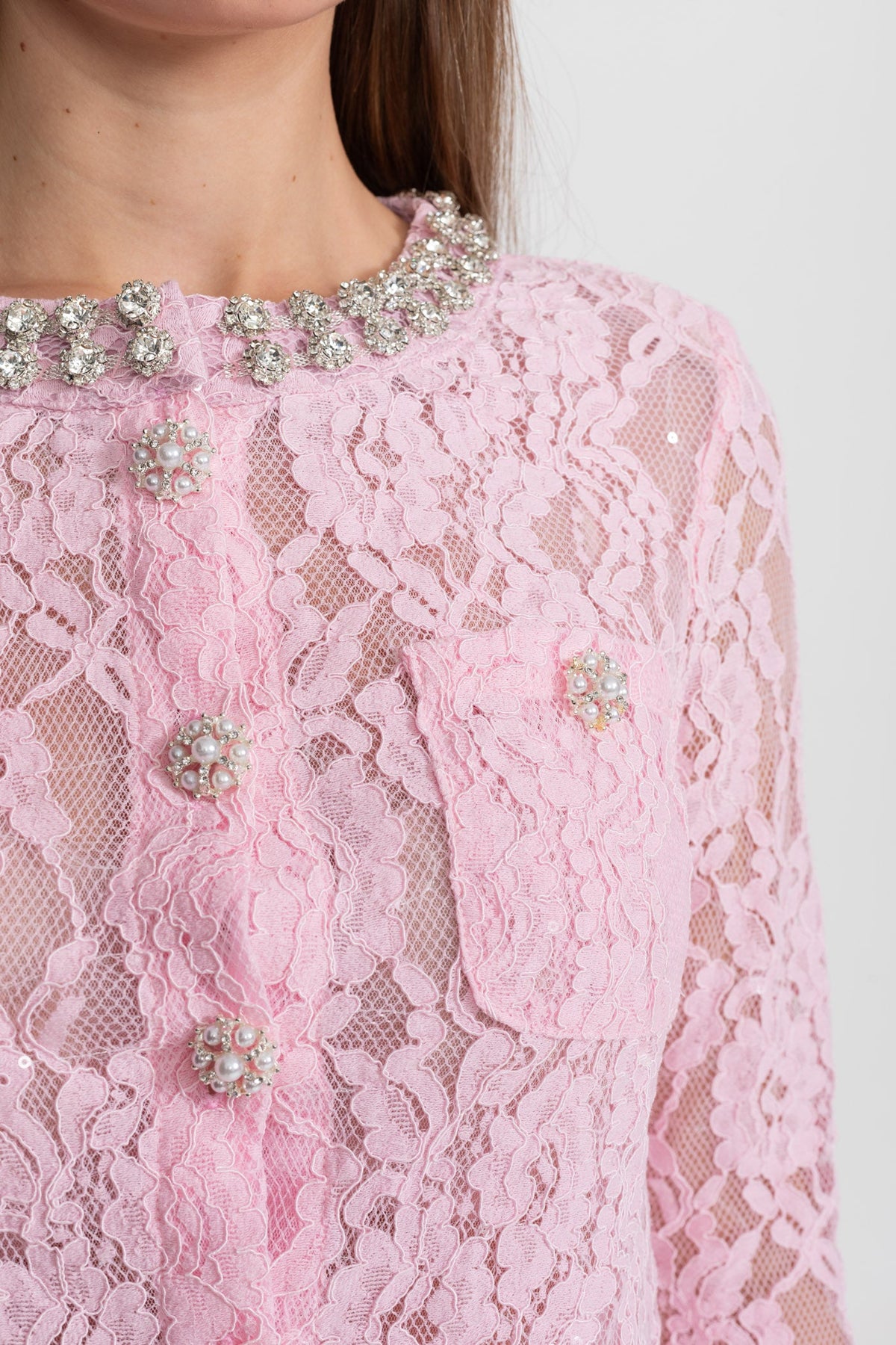 Lace Co-ord Set with Embellished Collar and Buttons - Pink