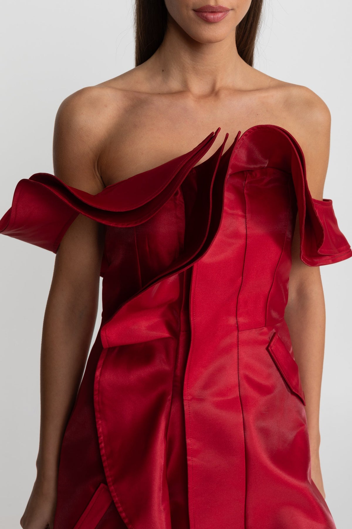 Off-Shoulder Ruffled High-Low Satin Dress – Crimson Red