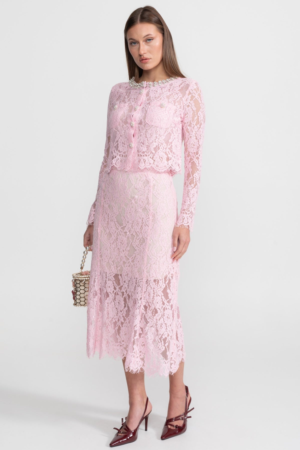 Lace Co-ord Set with Embellished Collar and Buttons - Pink