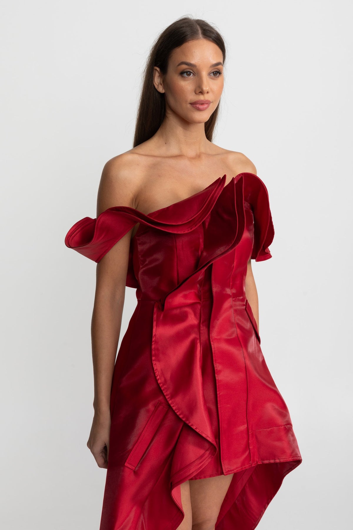 Off-Shoulder Ruffled High-Low Satin Dress – Crimson Red