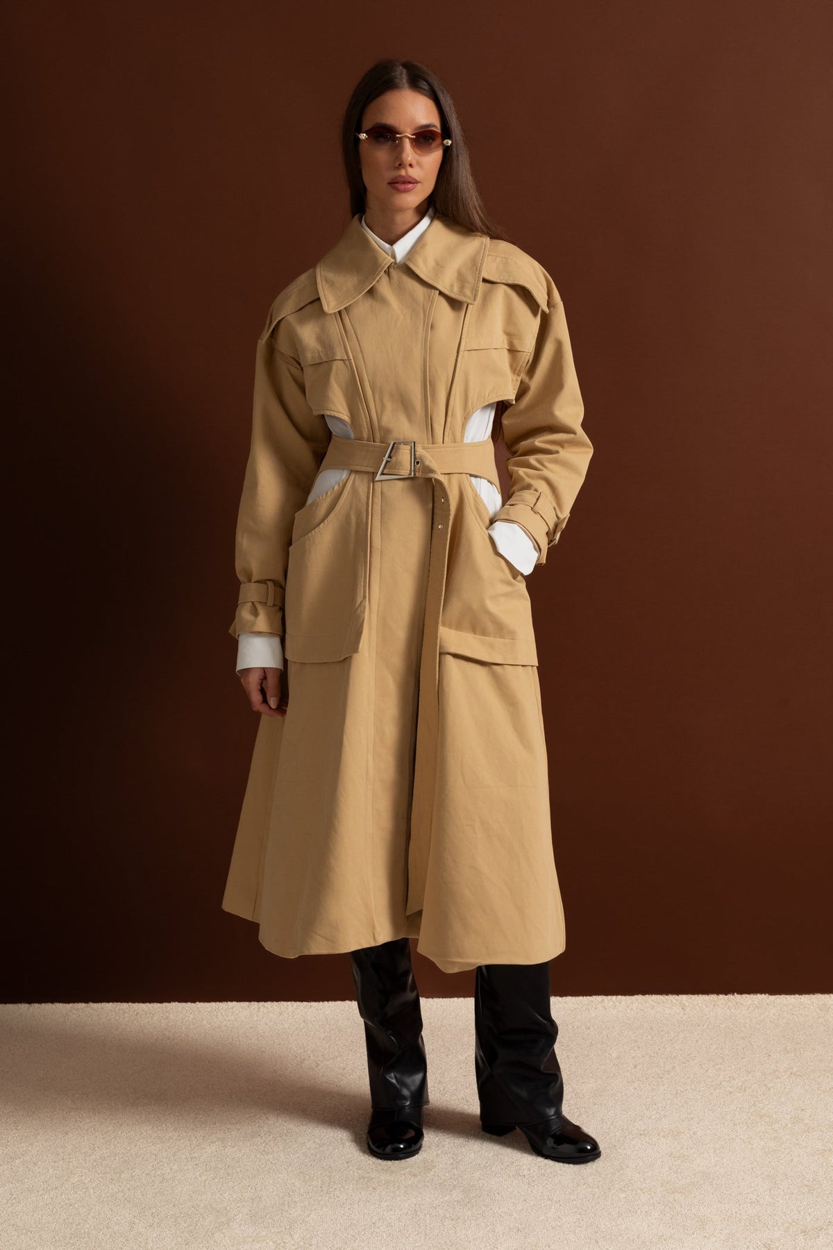 Cutout Trench Coat with Belted Waist and Utility Pockets - Beige