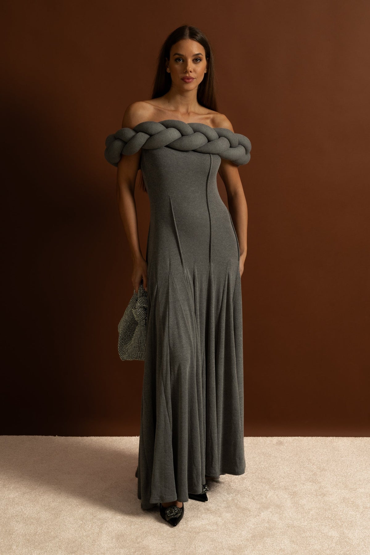Off-Shoulder Braided Neckline Maxi Dress – Grey