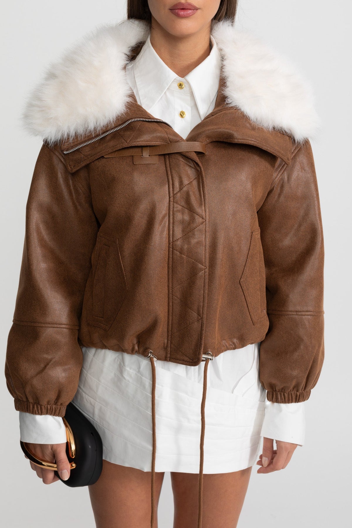 Cropped Suede Jacket With Faux Fur Collar – Brown