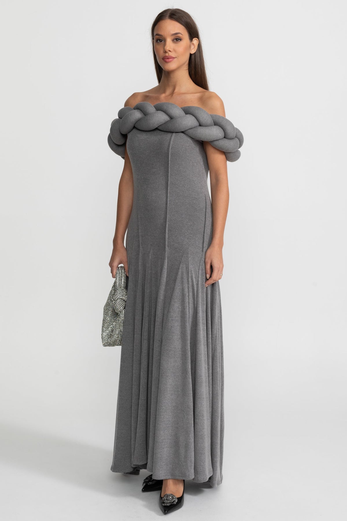 Off-Shoulder Braided Neckline Maxi Dress – Grey