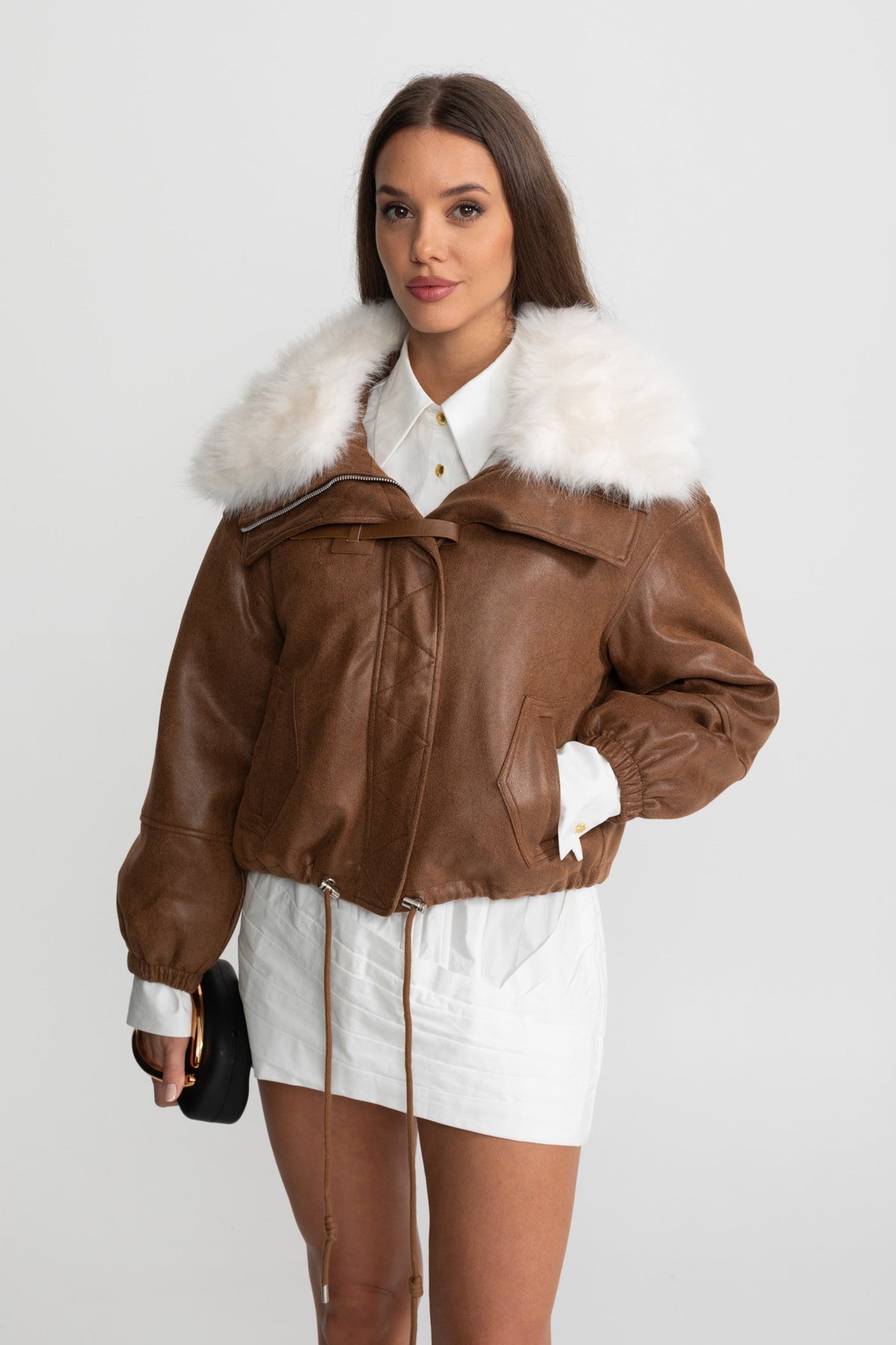 Cropped Suede Jacket With Faux Fur Collar – Brown
