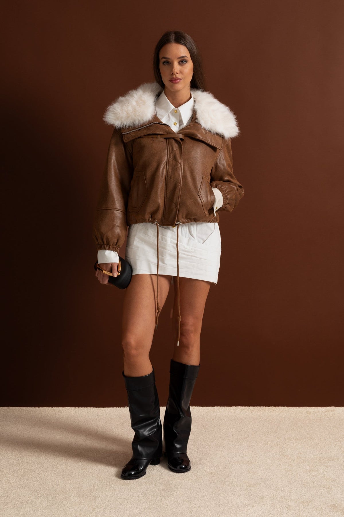 Cropped Suede Jacket With Faux Fur Collar – Brown