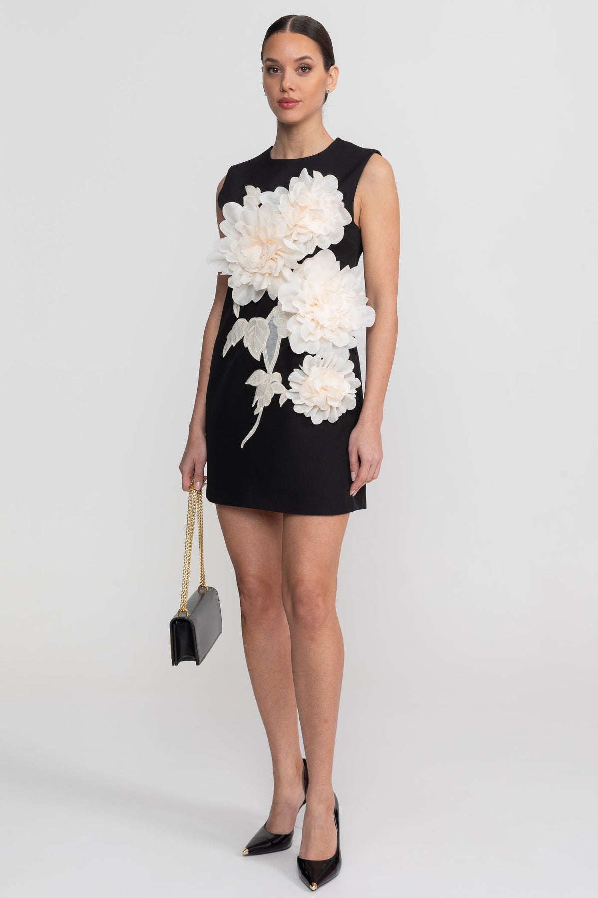 Sleeveless Mini Dress With Round Neckline And 3D Floral Appliqué - Black