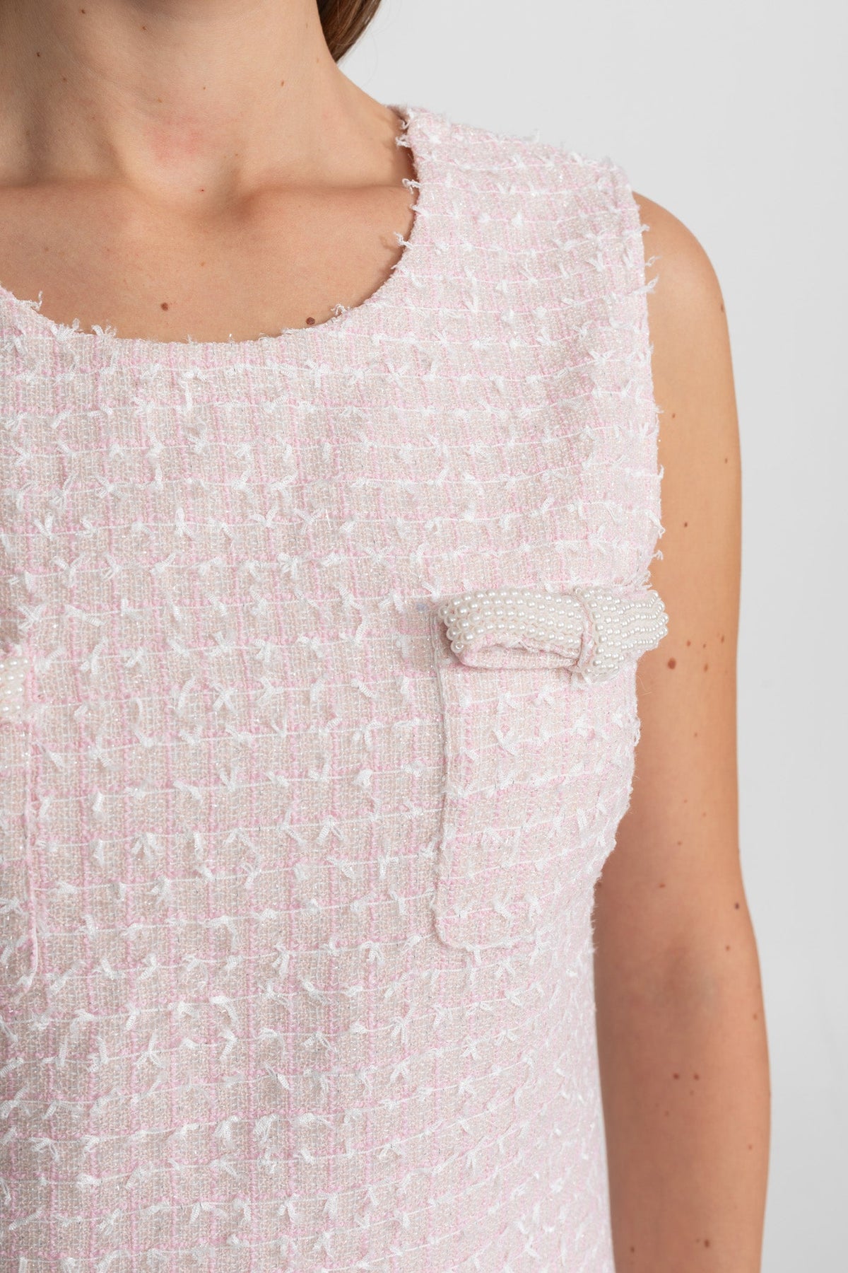Embellished Tweed Mini Dress With Delicate Pearl Trim - Light Pink