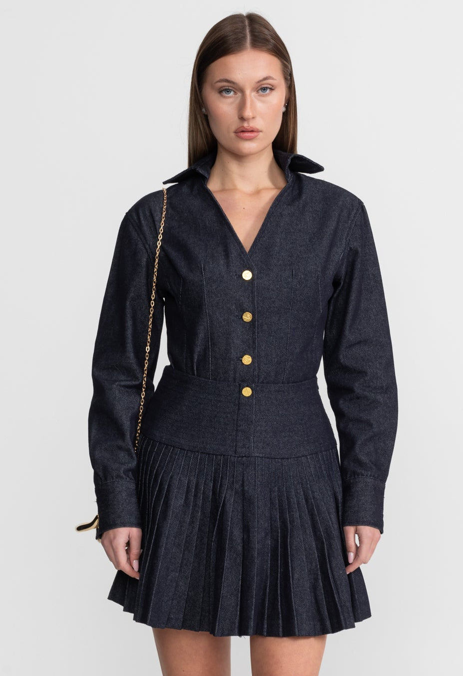Denim Co-ord Set with Pleated Skirt and Gold Buttons - Dark Blue