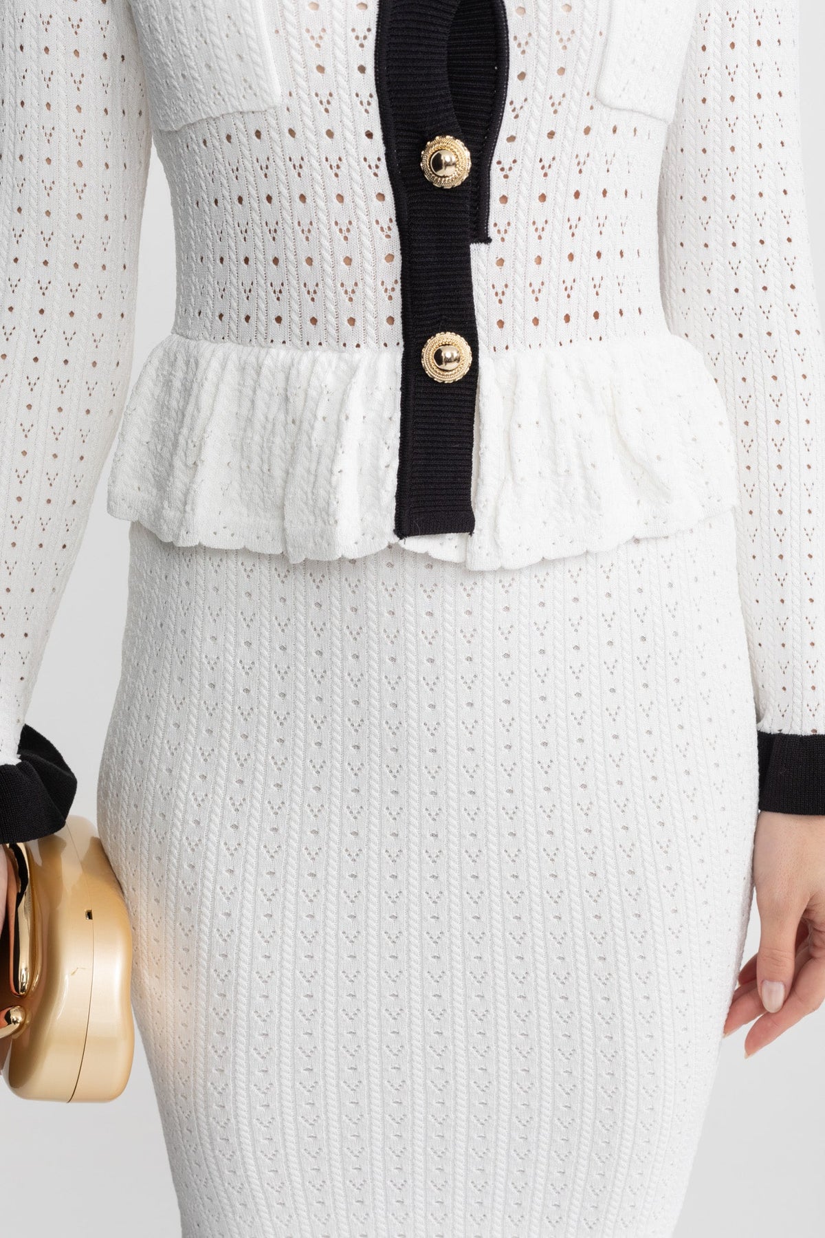 Pointelle Knit Midi Co-Ord with Contrast Trim – White
