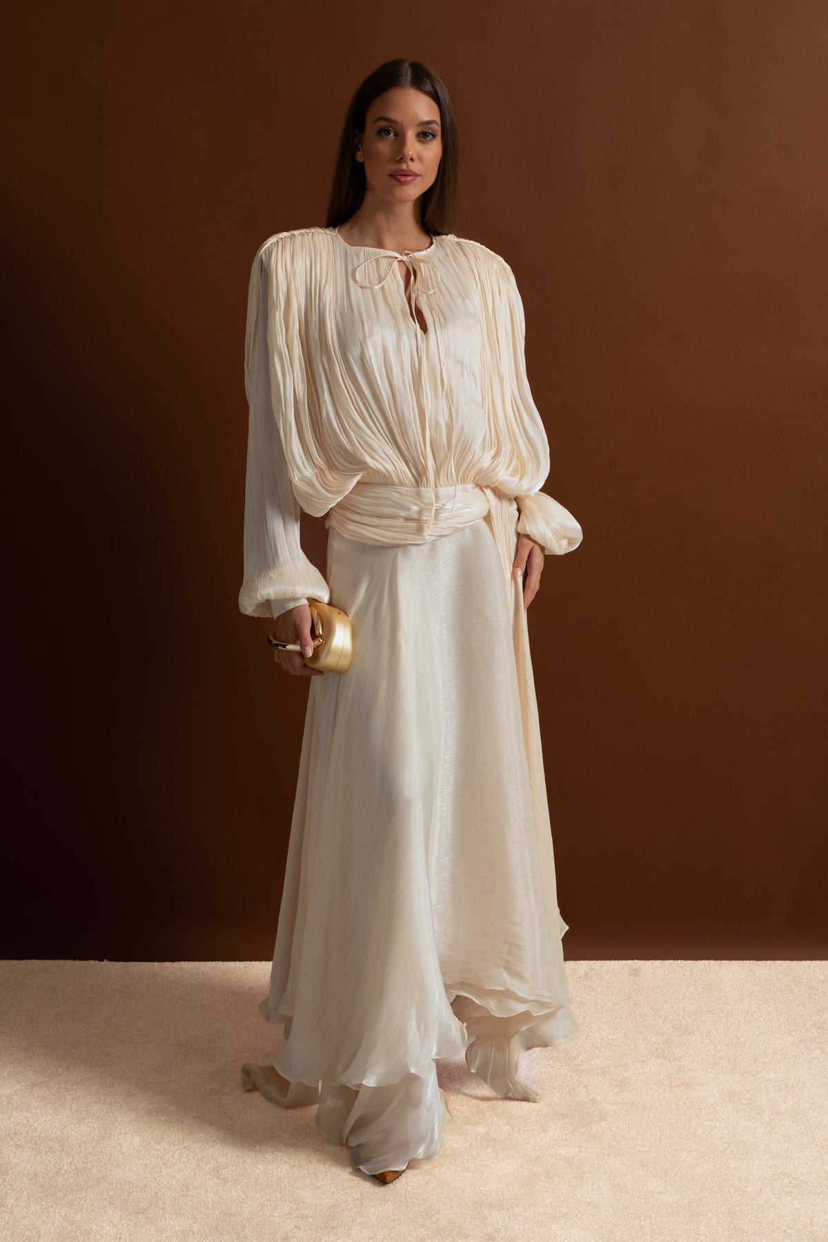 Maxi Dress with Pleated Bodice and Draped Skirt - Ivoire
