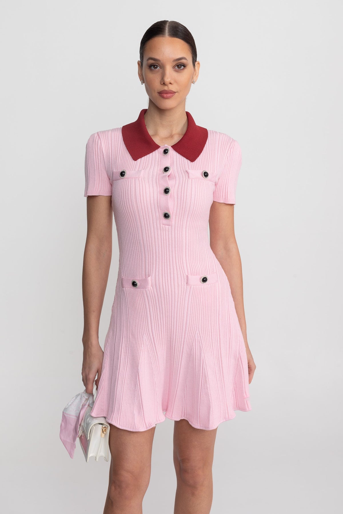 Ribbed Short Sleeve Mini Dress With Contrast Collar And Button Front Detail - Blush Pink