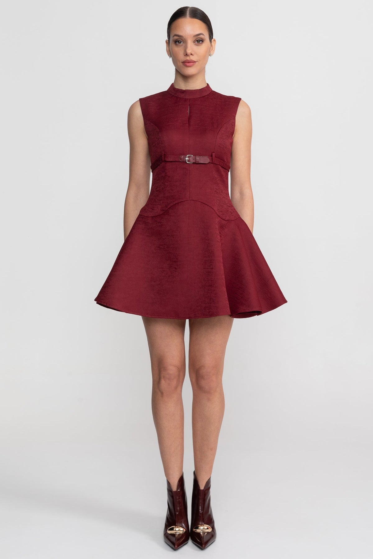 Sleeveless Mini Dress With High Neckline And Buckled Belted Waist - Burgundy