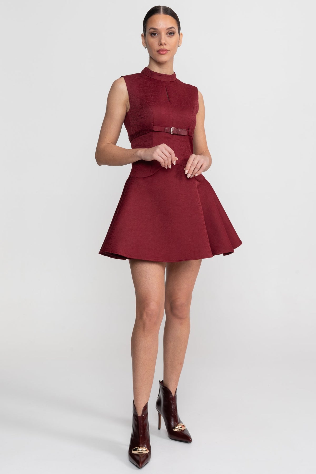Sleeveless Mini Dress With High Neckline And Buckled Belted Waist - Burgundy