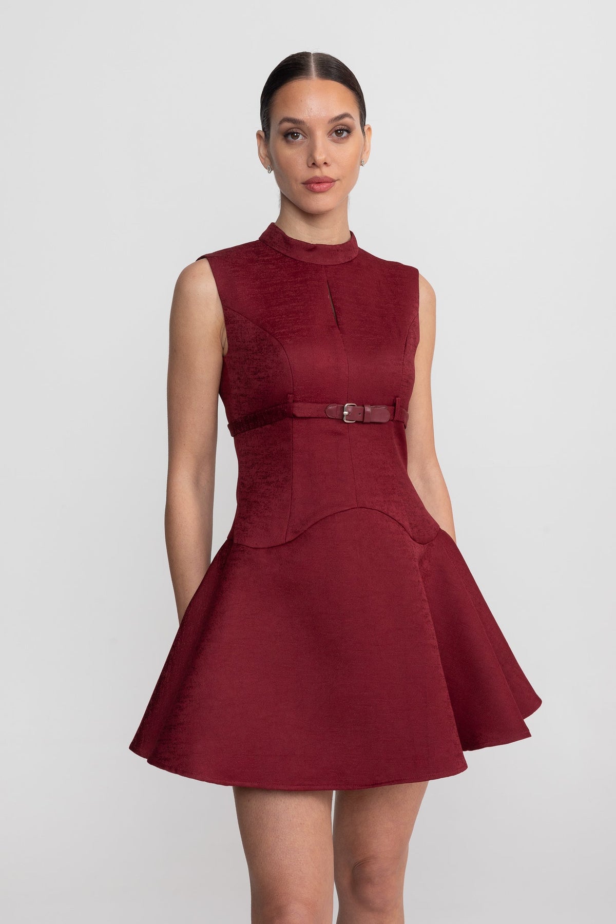 Sleeveless Mini Dress With High Neckline And Buckled Belted Waist - Burgundy