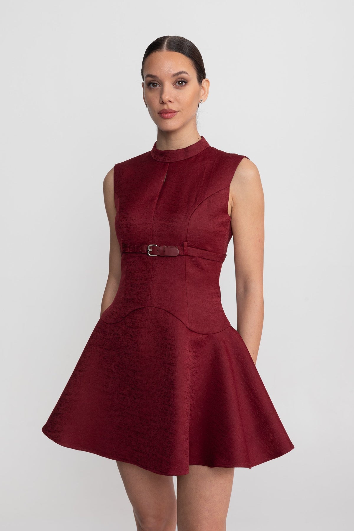 Sleeveless Mini Dress With High Neckline And Buckled Belted Waist - Burgundy