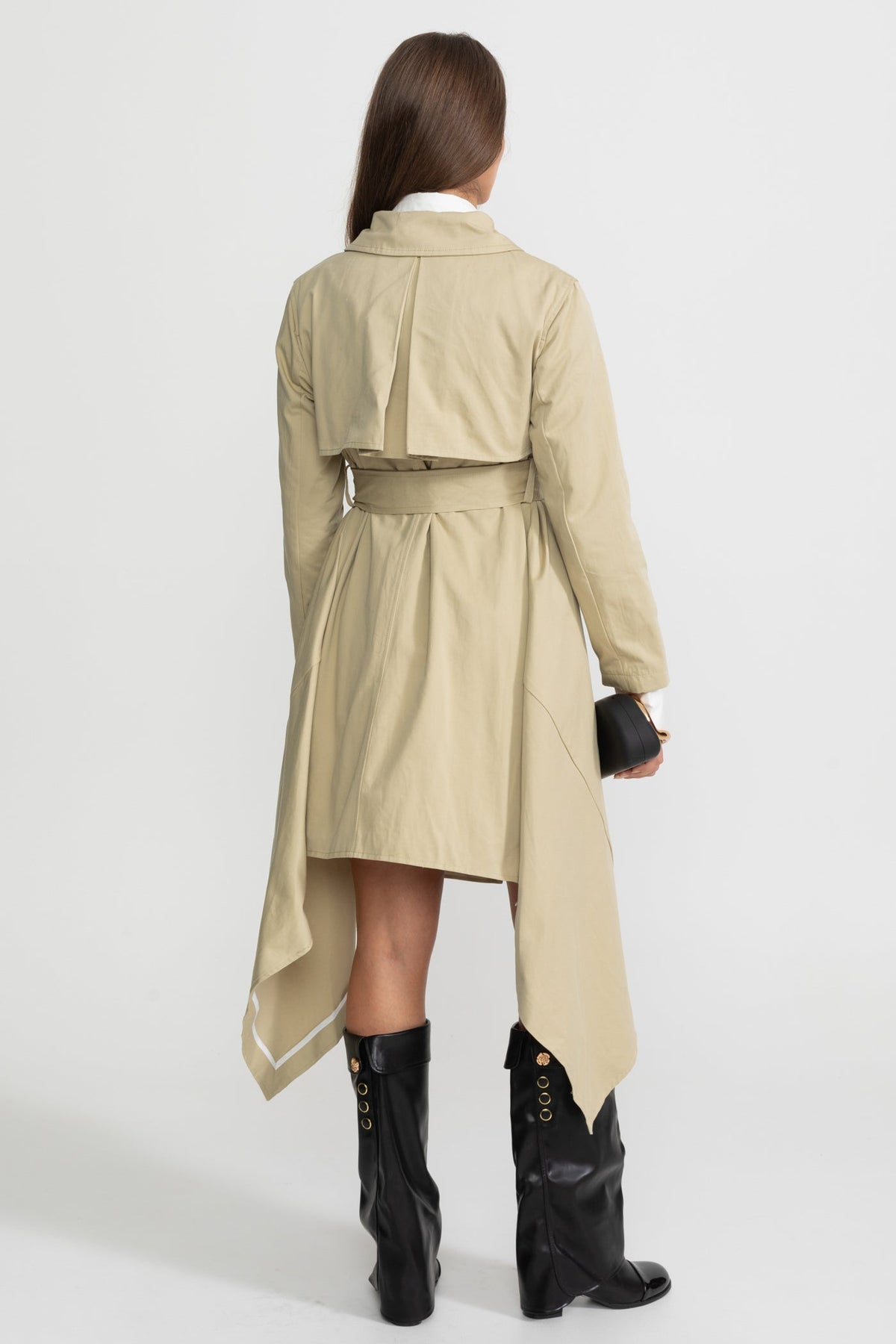 Long Trench Coat with Tie Belt and Asymmetrical Hem - Beige