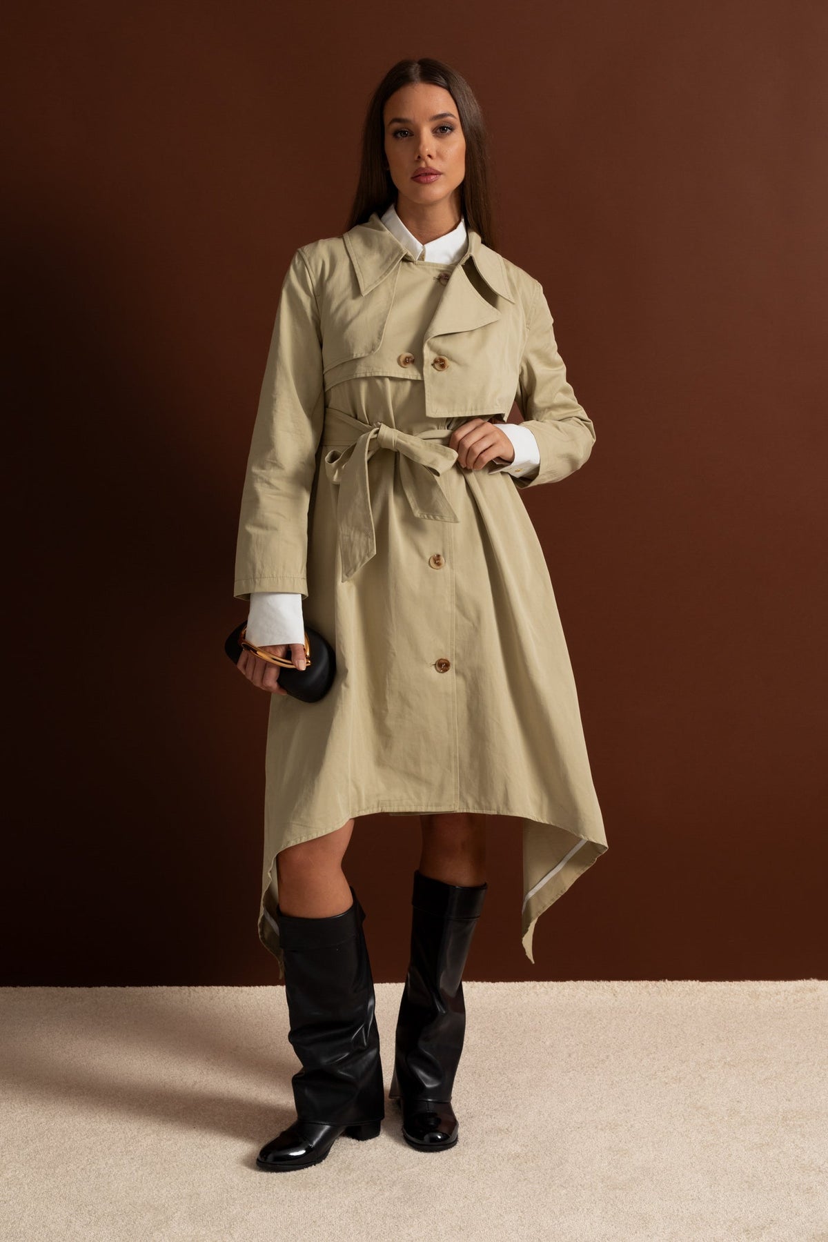 Long Trench Coat with Tie Belt and Asymmetrical Hem - Beige