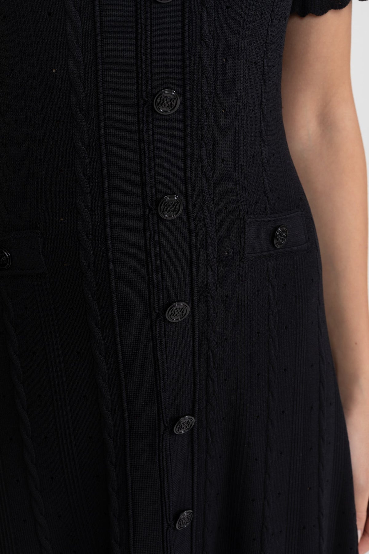 Knit Button-Front Midi Dress with Scalloped Sleeves – Black
