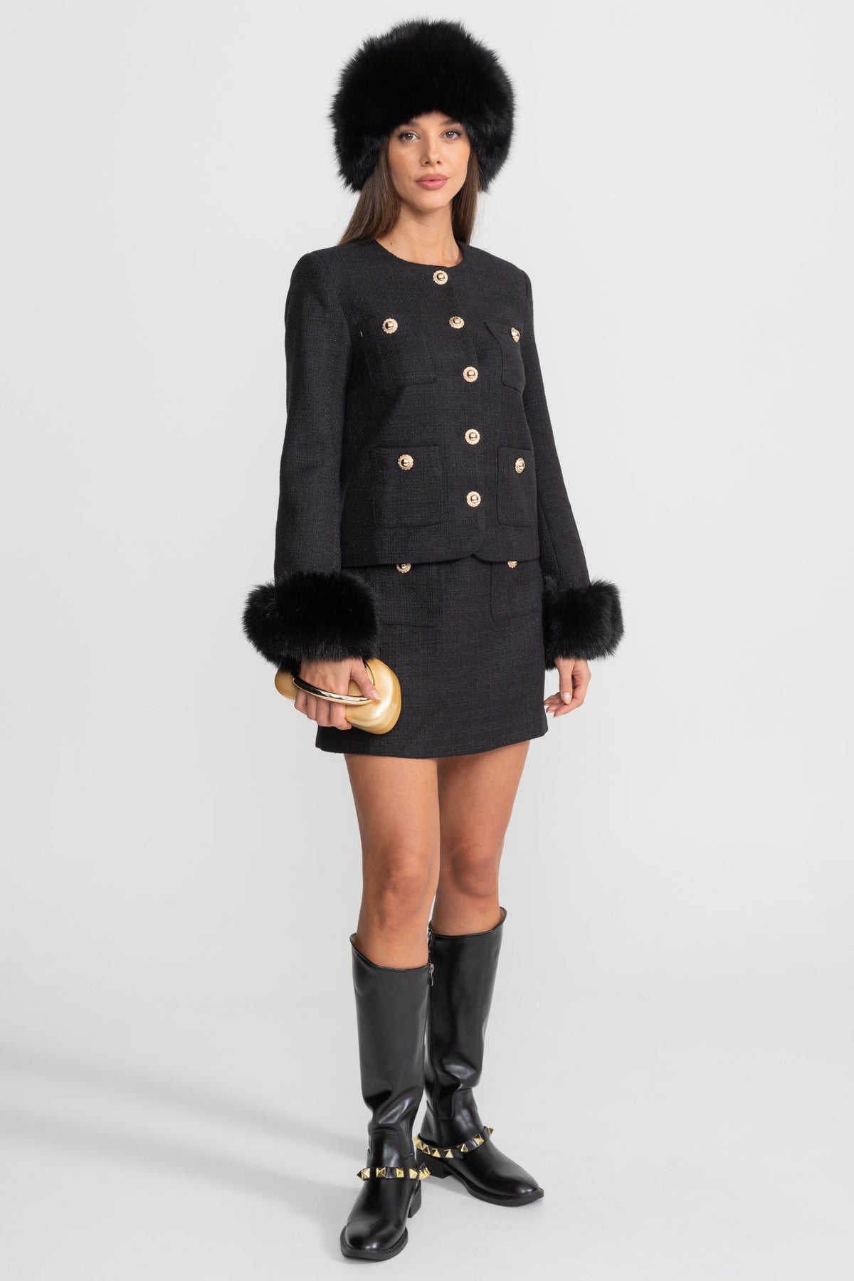 Tweed Blazer With Faux Fur Cuffs And Gold Buttons – Black