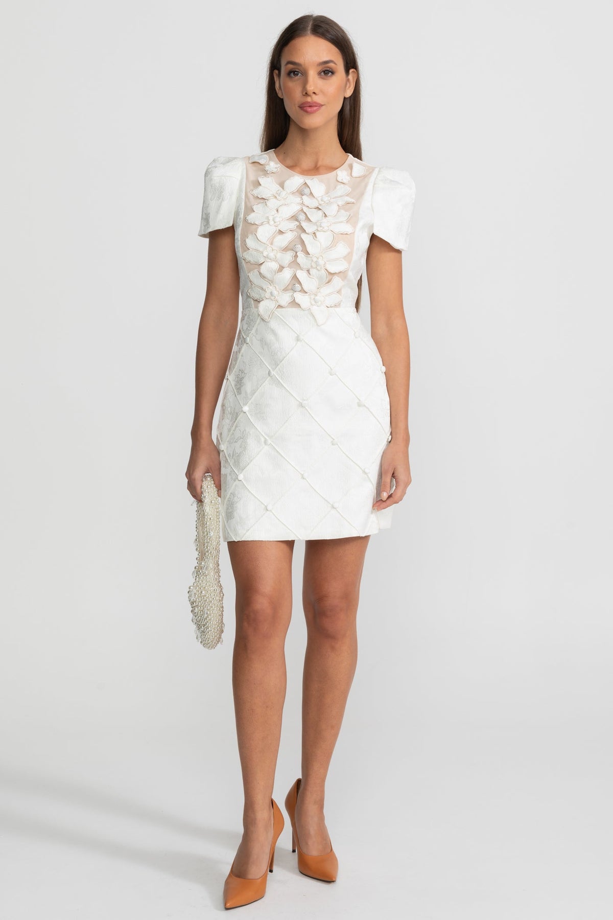 3D Floral Appliqué Mini Dress With Quilted Skirt  – White