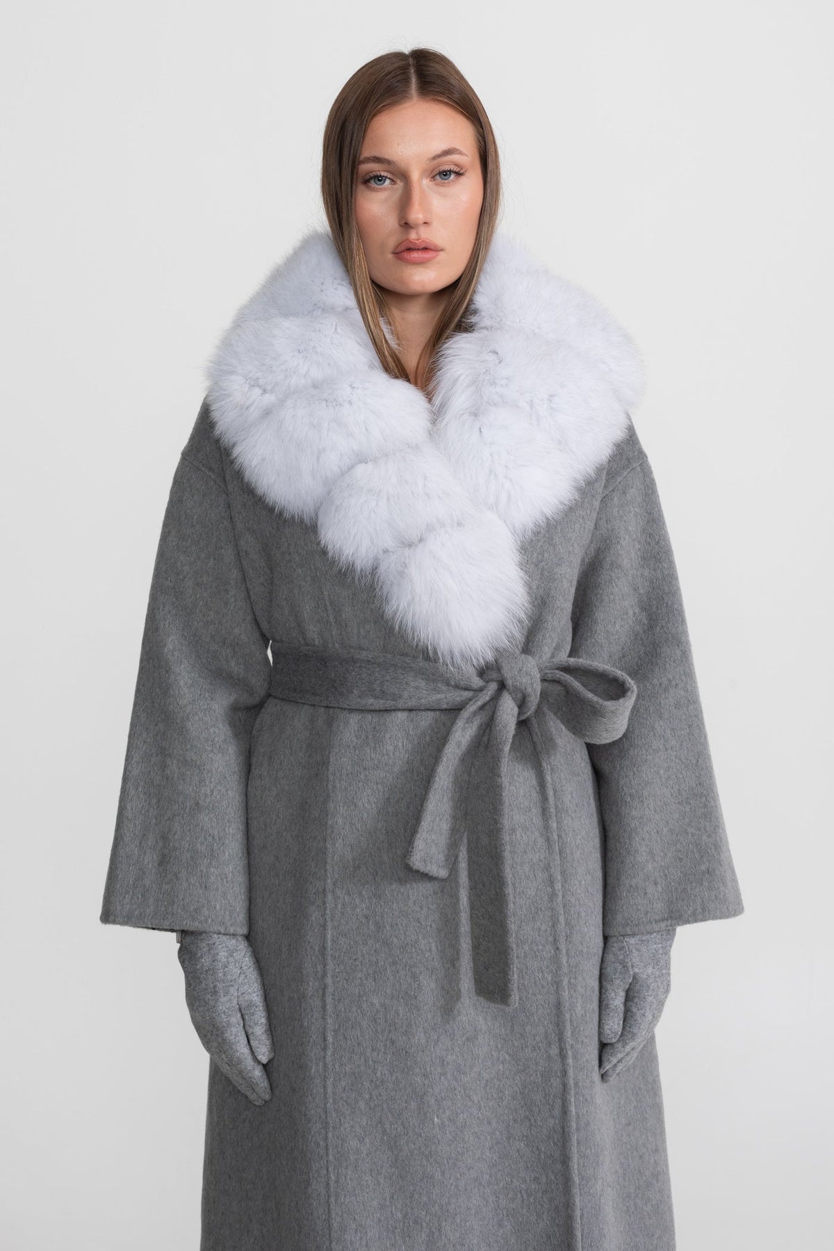 Wool Wrap Coat with Fox Fur Collar And Tie Belt – Gray