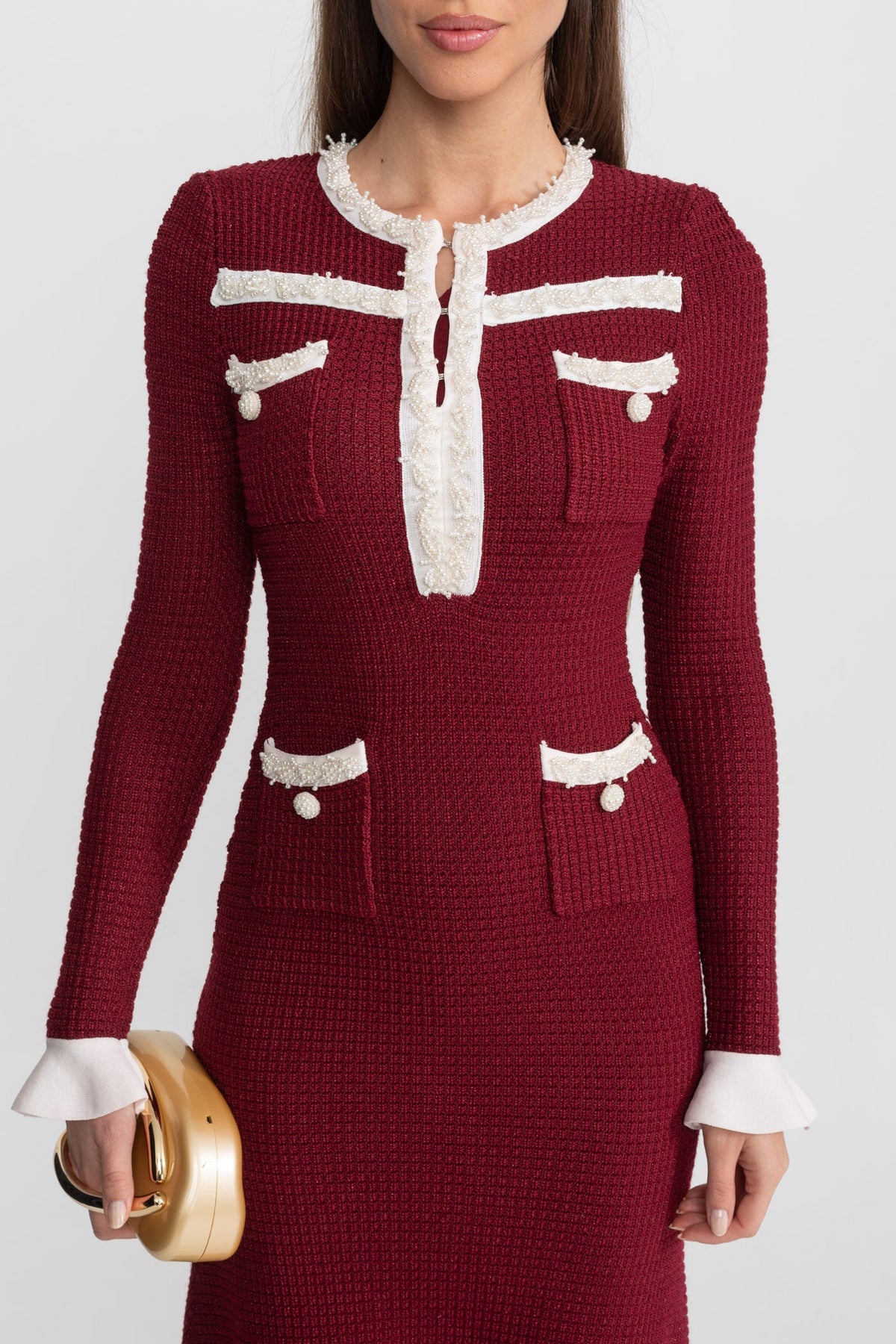 Textured Midi Dress with Contrast Embroidered Trim – Burgundy