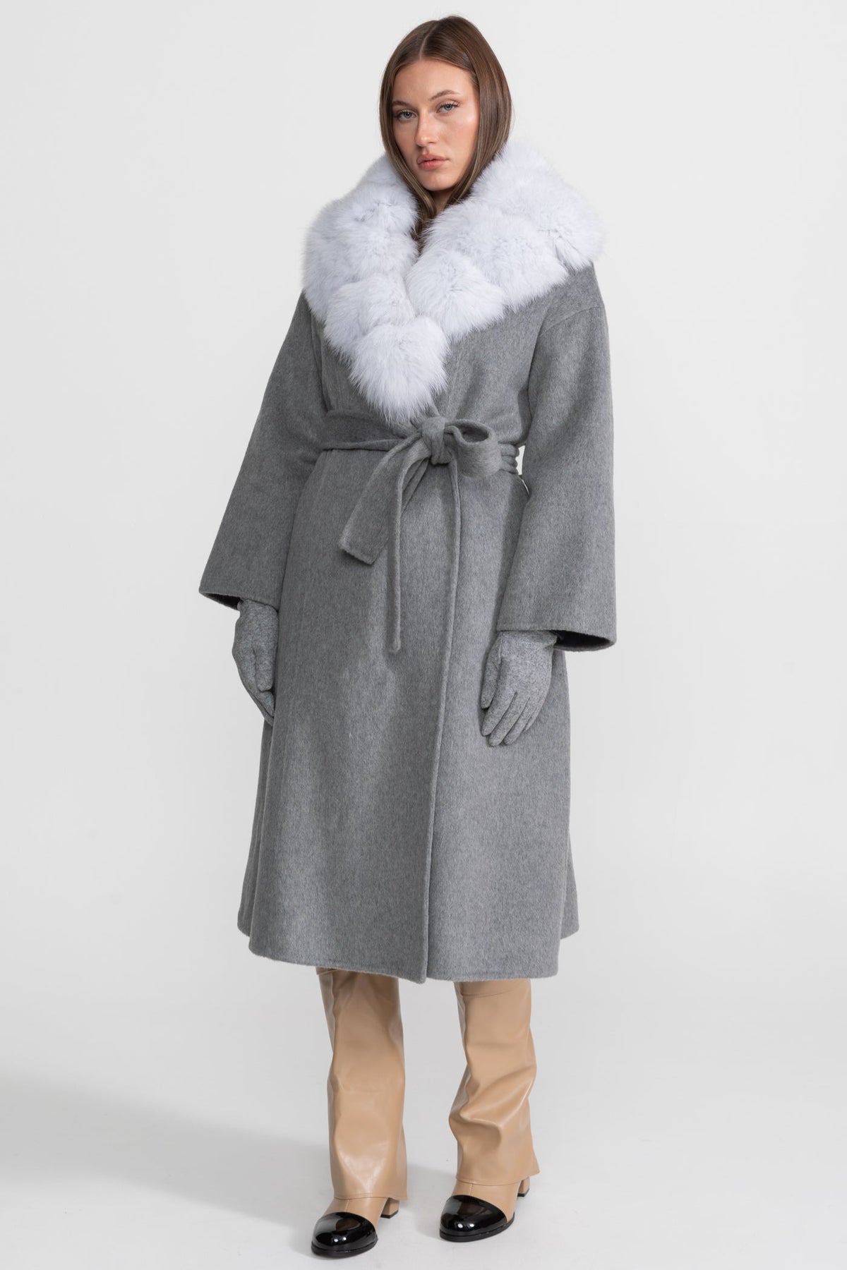 Wool Wrap Coat with Fox Fur Collar And Tie Belt – Gray