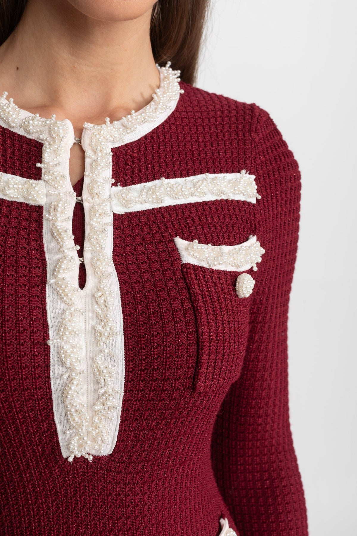 Textured Midi Dress with Contrast Embroidered Trim – Burgundy
