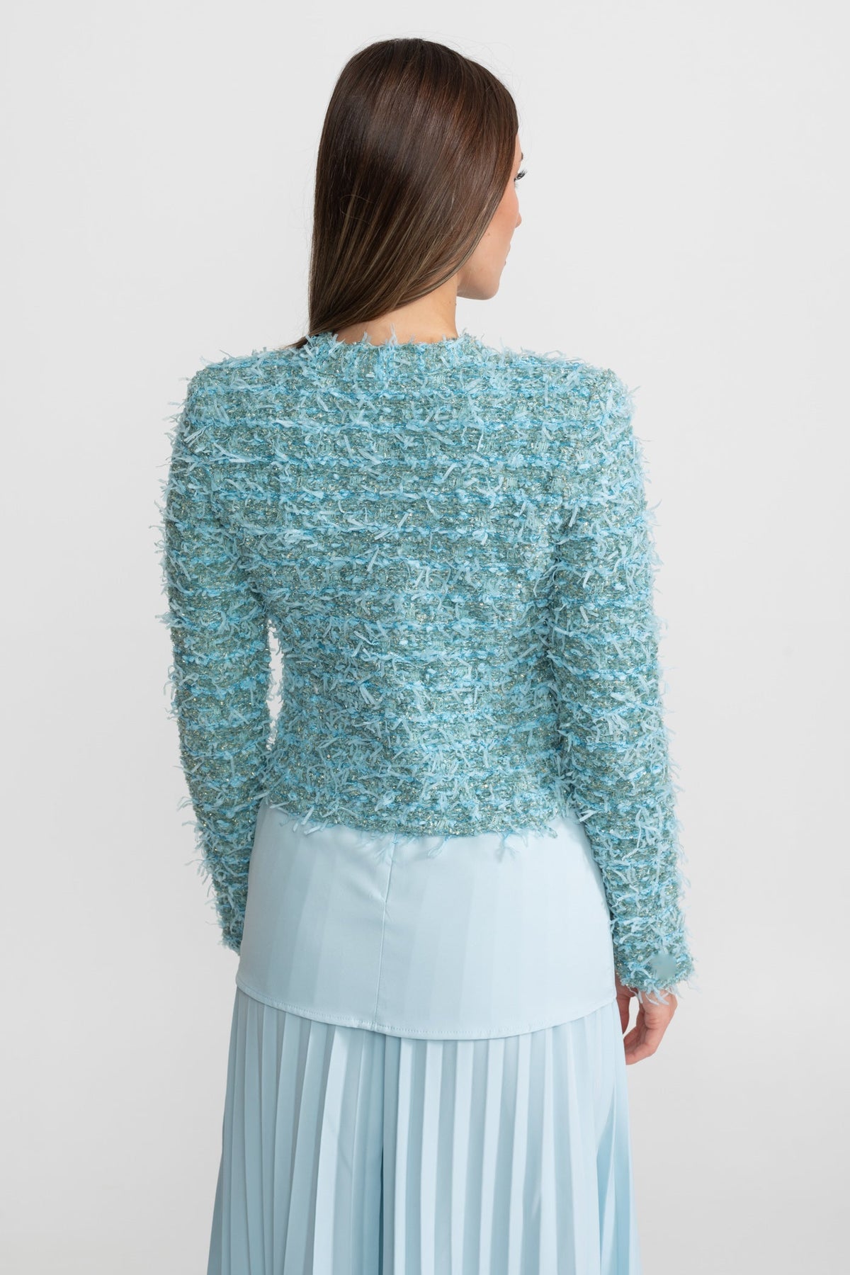 Textured Tweed Jacket With Gold Button Embellishments – Blue